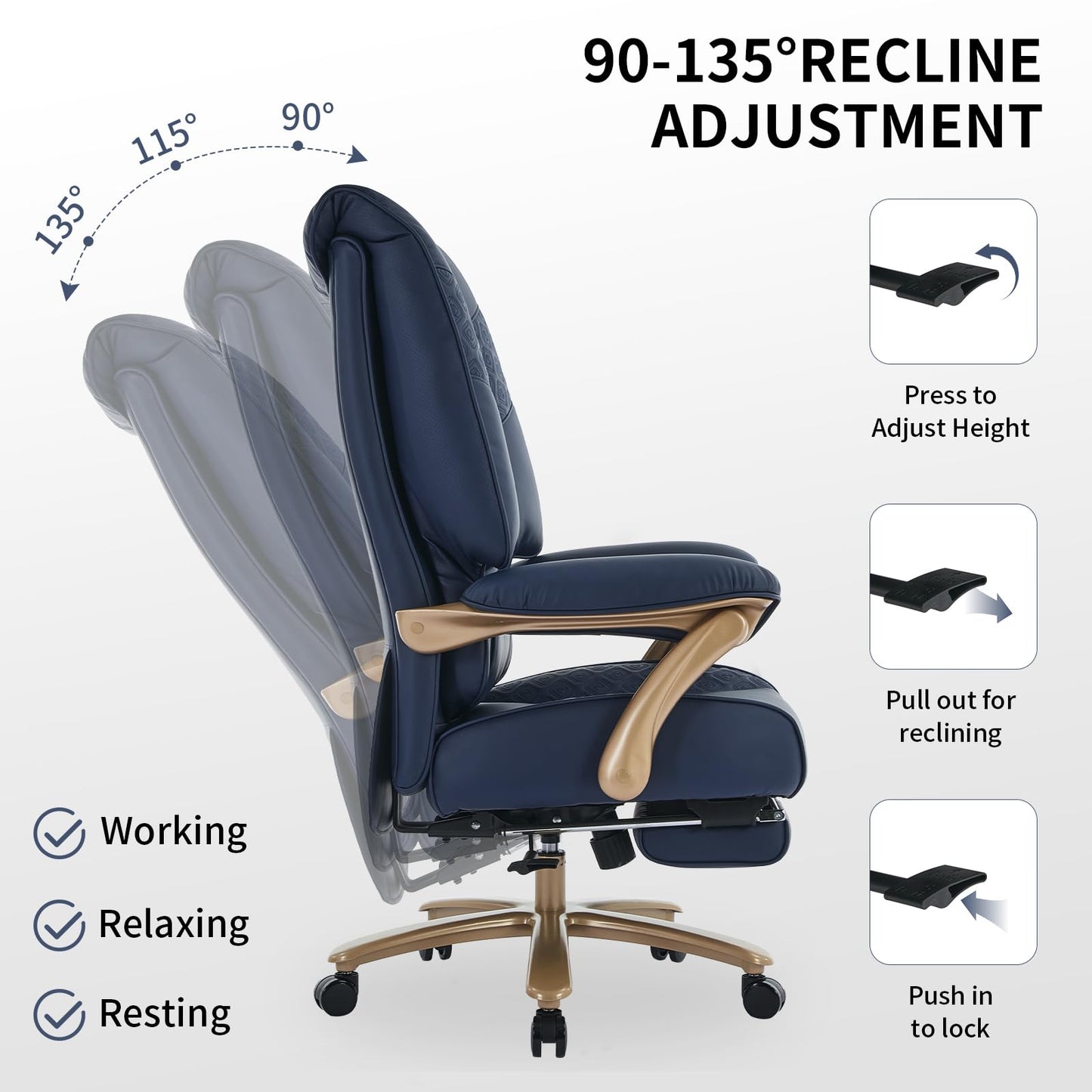 EXCEBET Big and Tall Executive Office Chair with Footrest, 400LBS Capacity Ergonomic High-Back Desk Office Chair with Lumbar Support, Padded Armrests & Thick Cushion, Blue PU Leather Chairs