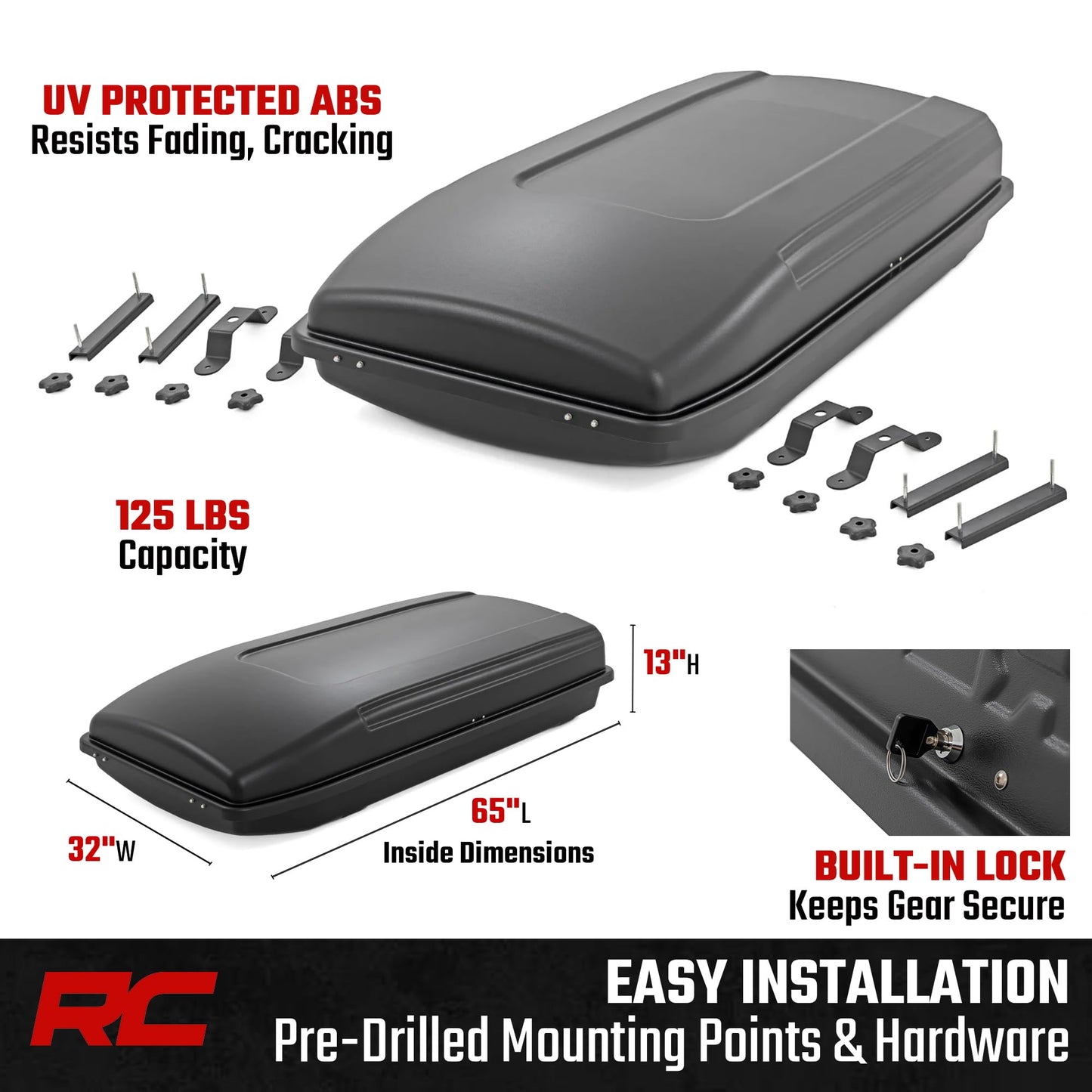 Rough Country Rooftop Cargo Box 14.5 Cu Ft – Hard Shell Roof Rack Storage Carrier, Strut Assisted, Lockable & Weatherproof, No Drill Install