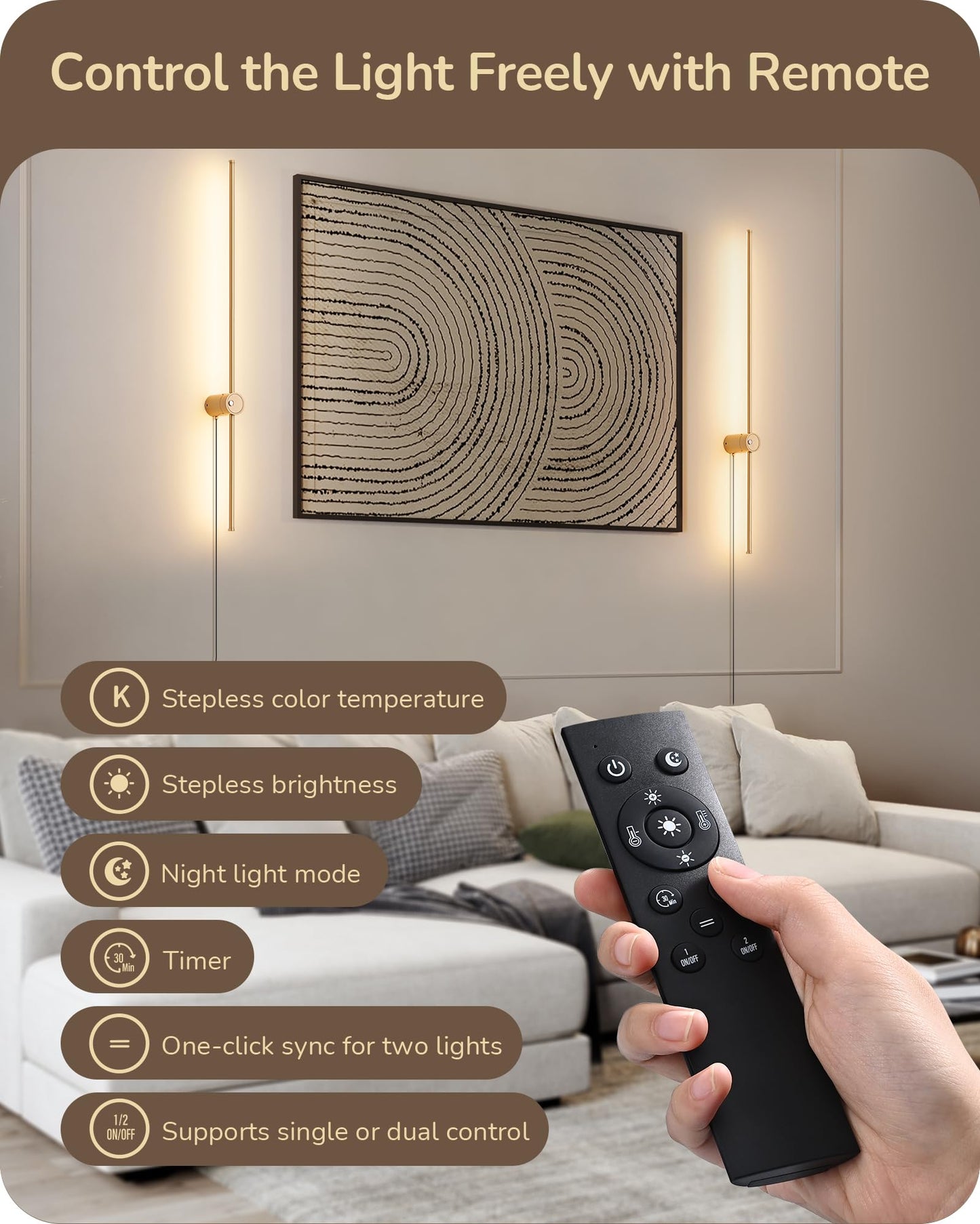 EDISHINE Wall Sconce Set of Two, Dimmable 2700K-6000K LED, 39.4in, Gold, Metal, Touch Control, Remote, 350? Rotation