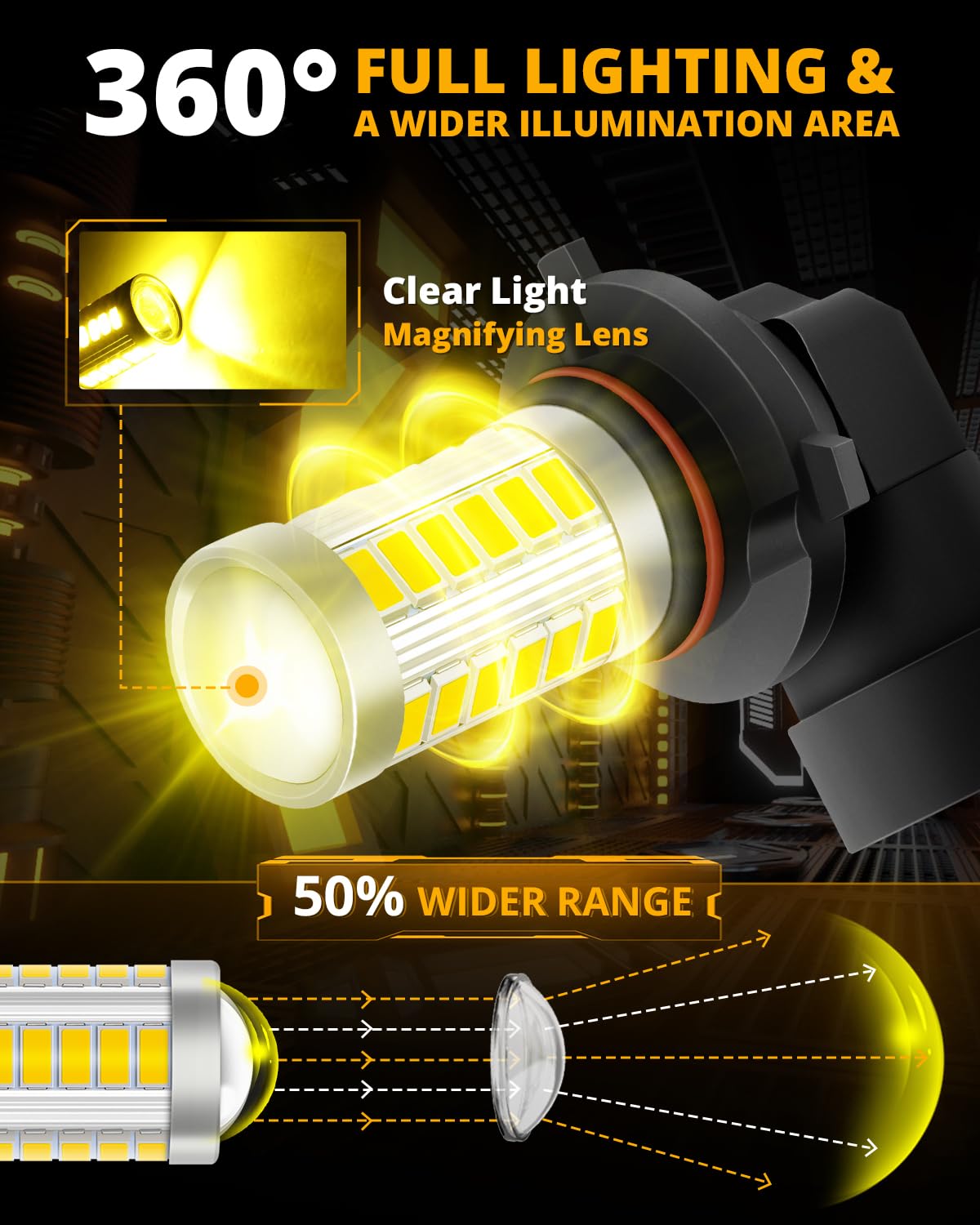 Auxbeam 9005 9006 H10 LED Fog Light Bulbs 50W 3020 SMD 3000K Golden Yellow - Set of 2