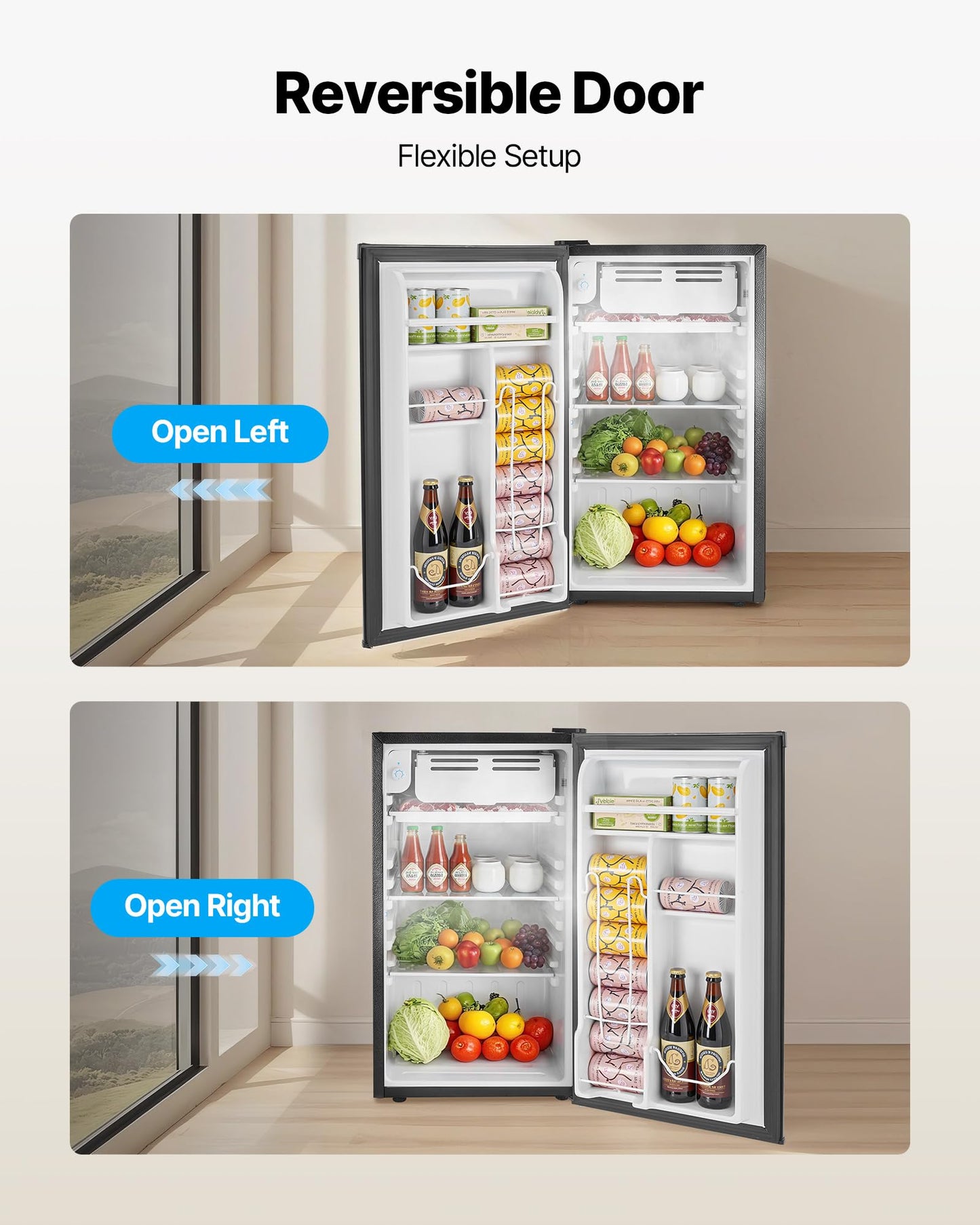 VEVOR 3.2 Cu.Ft Mini Fridge with Freezer, Single Door Compact Refrigerator with Micron Freezer Zone, 7-Mode Adjustable Temp, Energy Efficient Dorm Fridge, Reversible Door, Low Noise, Brushed Steel