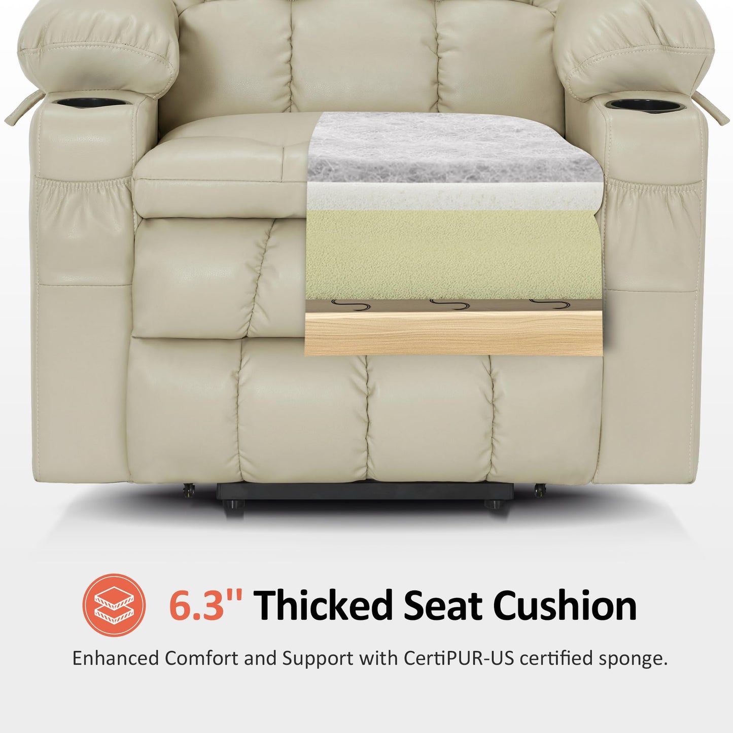 MCombo Dual Motor Power Lift Recliner Chair for Elderly, Lay Flat Lift Chair with Heat and Massage, Cup Holders, USB Ports, Faux Leather 7890 (Cream White, Medium)