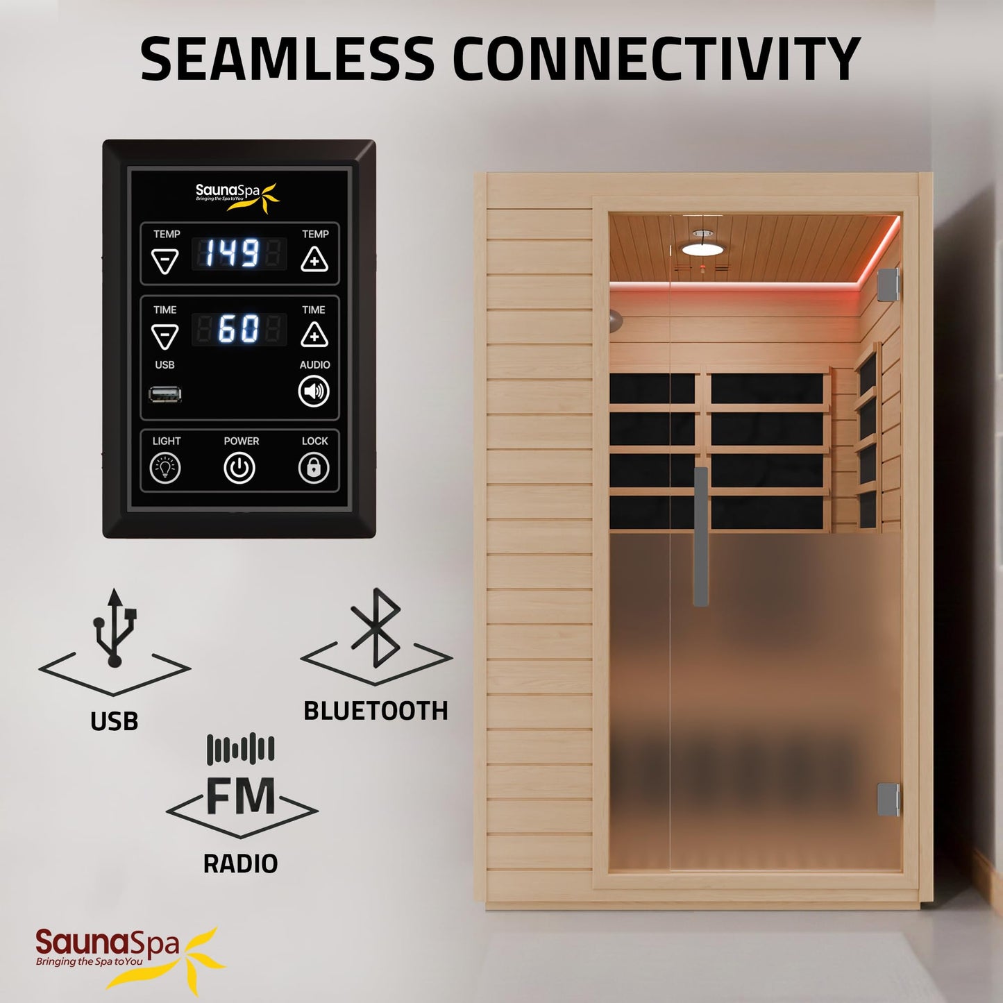 SaunaSpa Indoor 2-Person Infrared Cabin Sauna | Canadian Hemlock Wood Sauna with Low EMF Infrared Heating Panels, Tempered Glass Door, Chromotherapy Lighting, and Touch Control Panel with Bluetooth