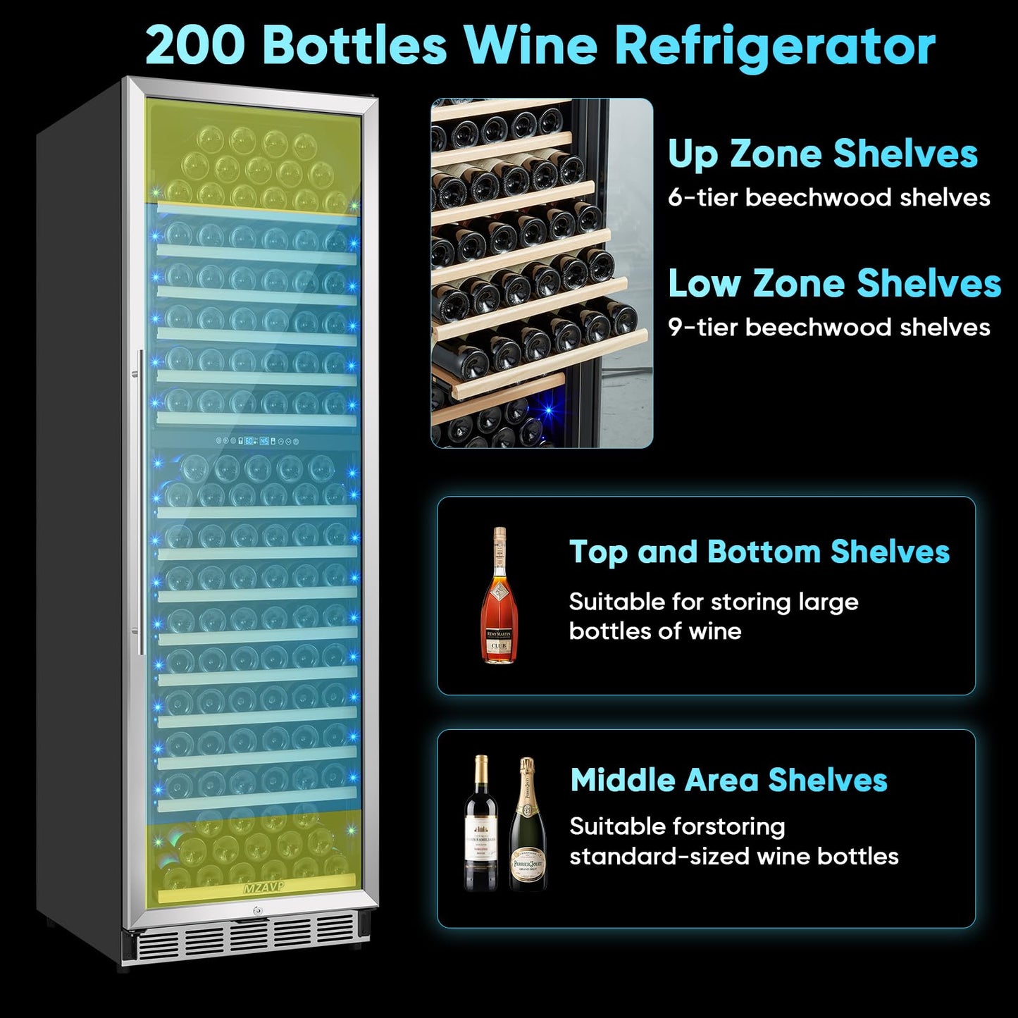 MZAVP 200 Bottle Wine Fridge Dual Zone, 24 Inch Wine Cooler Refrigerator Freestanding or Built-in, Professional Wine Cellar with Advanced Temperature Control and Compressor Cooling, Quiet Operation