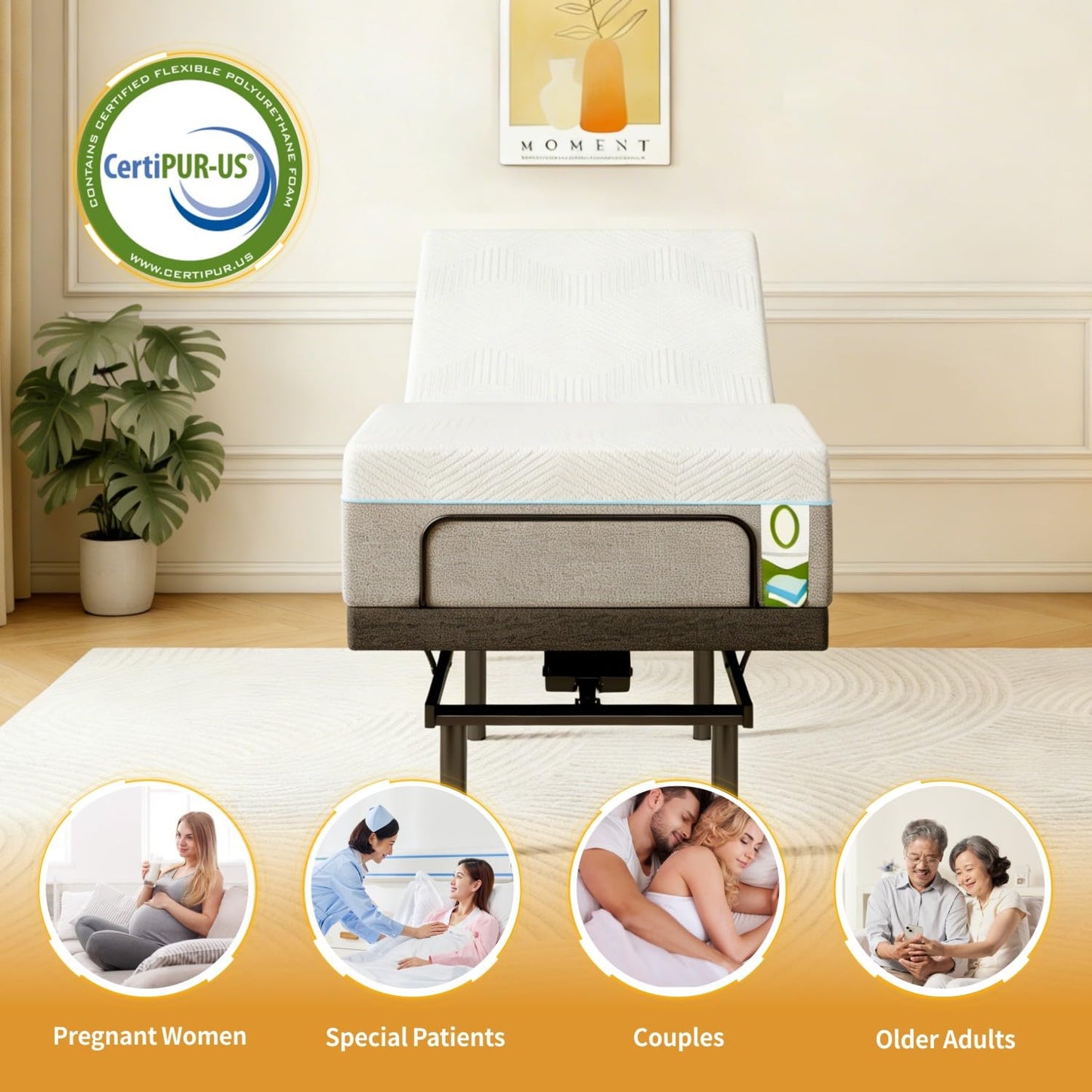 Opoiar Twin XL Adjustable Bed Frame with 12" Adjustable Height Bed Base with Under-Bed LED, Head and Foot Lift, Pillow-Tilt, Wireless Remote, USB Ports, Zero Gravity