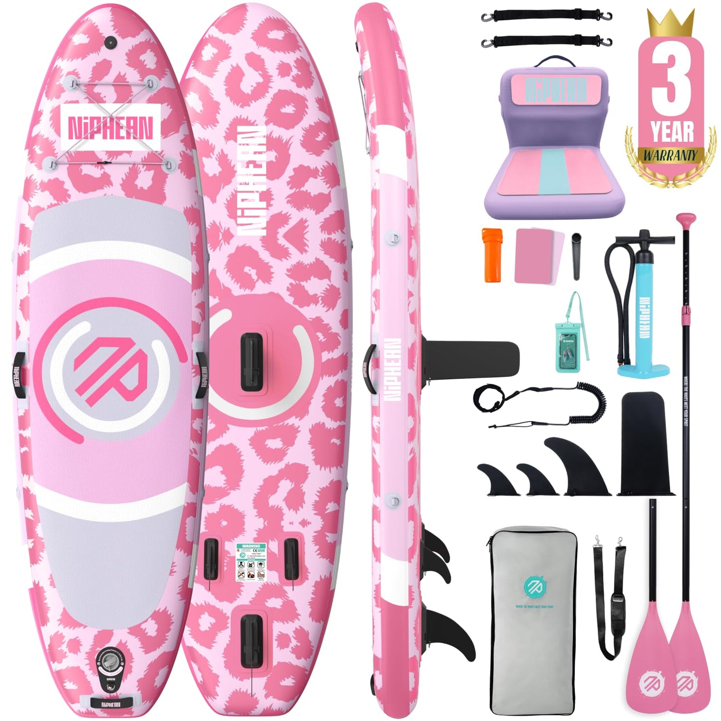 Niphean（Ultra-Light） Inflatable Paddle Board with StabilTrac Fin and Durable SUP Accessories, 10' Stand Up Paddle Boards for Adults & Youth, Versatile Yoga Paddle Board, Gift Ideas-Leopard with Seat