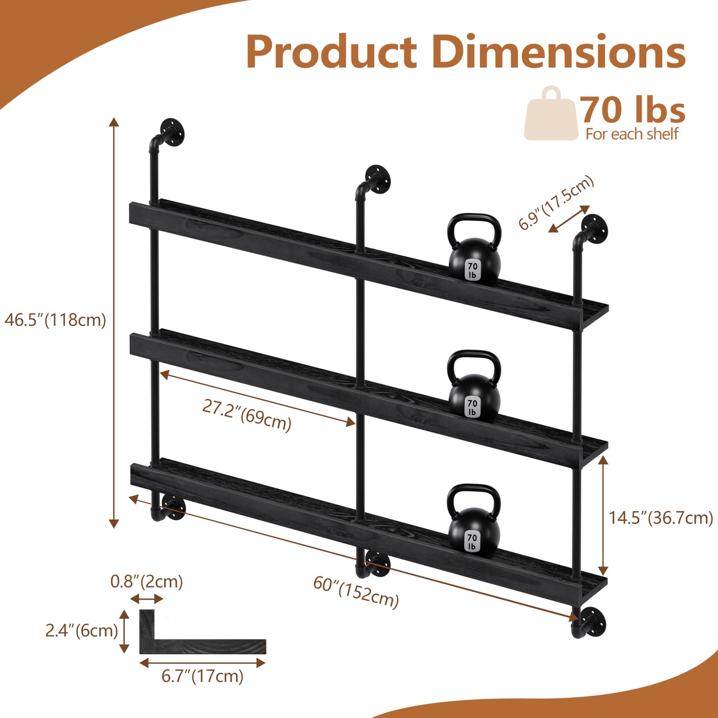 Anynice LED Bar Shelves, Wall Mounted Wine Rack, 3 Tier, 60" Black