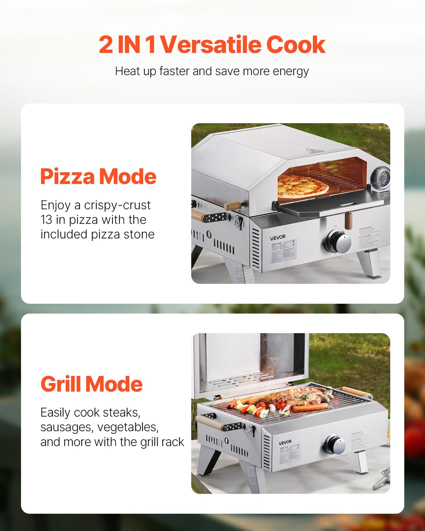 VEVOR 2 IN 1 Outdoor Pizza Oven, 13 in Propane Pizza Oven & Grill, 12,000 BTU Tabletop Propane Gas Oven with Pizza-Stone, Thermometer, Stainless Steel Portable Grill, for Camping & Backyard