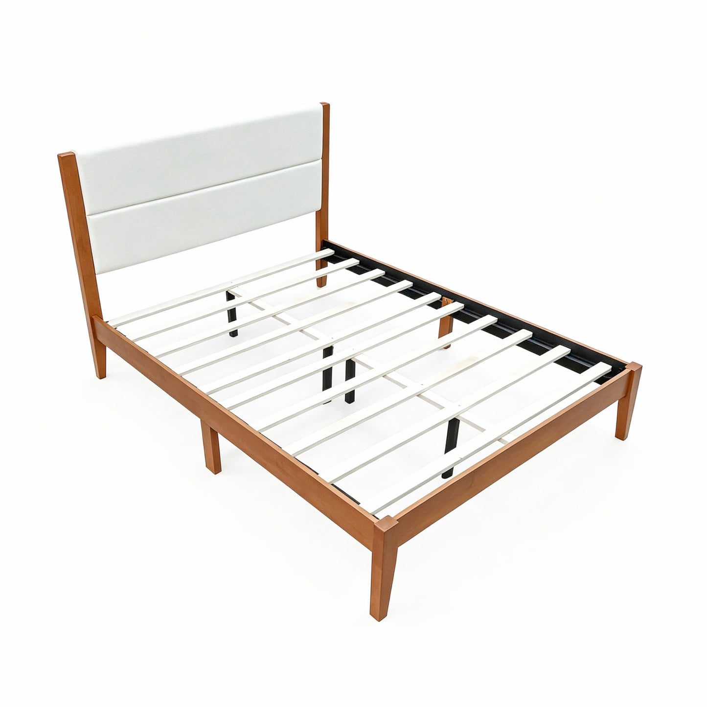 Merax Full Size Mid-Century Modern Platform Bed Frame with Fabric Upholstered Headboard, Solid Wood Slat Support, No Box Spring Needed, Noise-Free, Underbed Storage Space, Easy Assembly, Brown