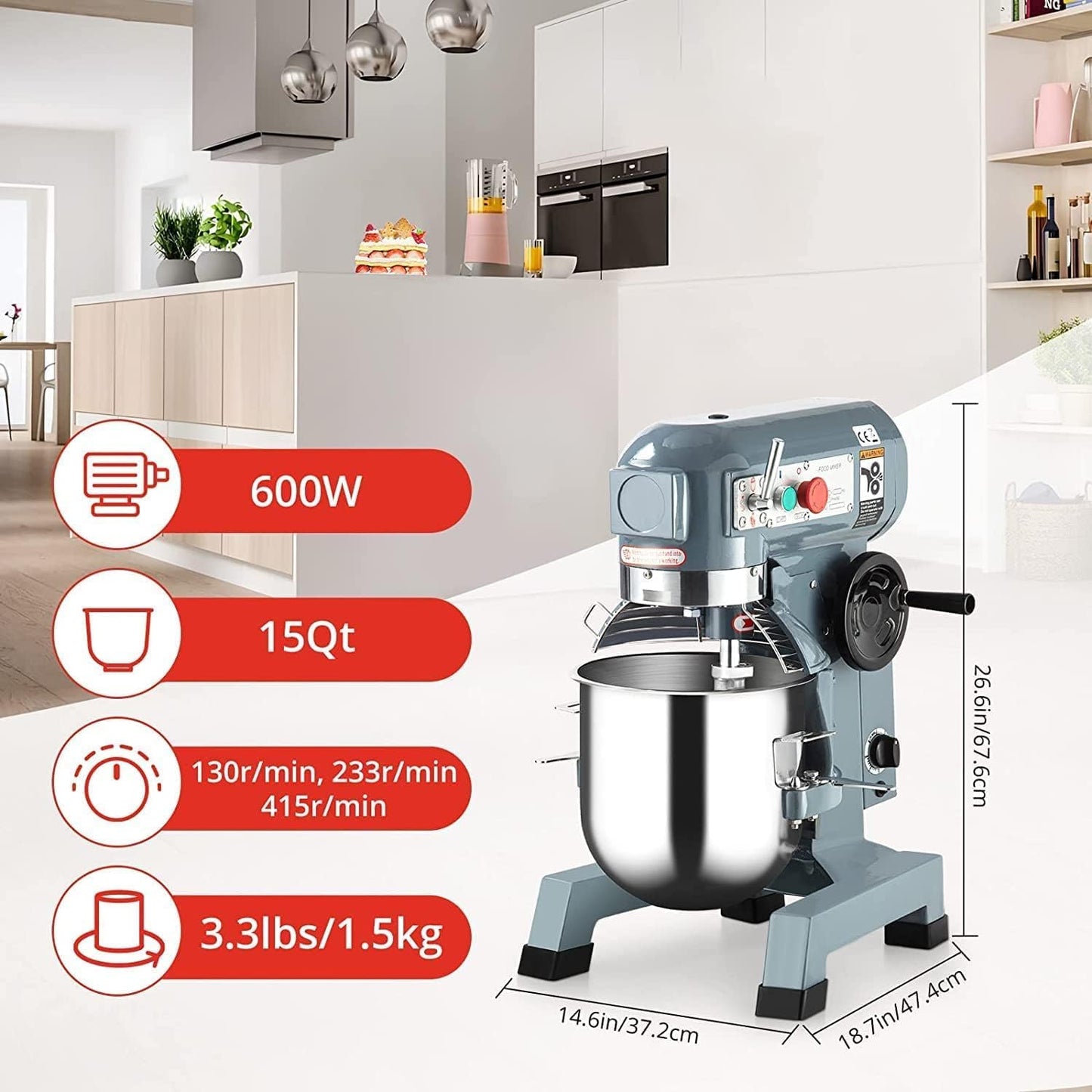 Commercial Food Mixer 15QT, Commercial Mixer 600W with 3 Speeds Adjustable, Stand Mixer Dough Kneading Machine with Stainless Steel Bowl Dough Hooks Whisk Beater, for Bakery Restaurants Pizzerias