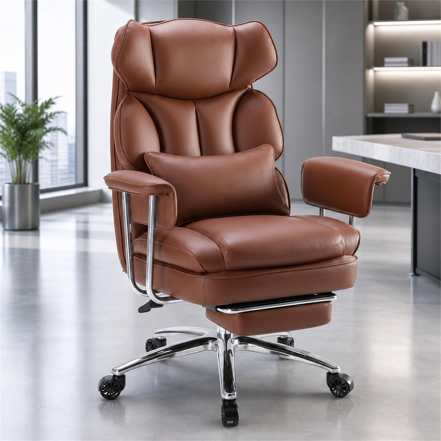 HAPPYMONT Executive Ergonomic Office Chair, PU Leather High Back Reclining Office Chair with Footrest and Lumbar Support, Height Adjustable Rolling Swivel Computer Chair for Home Office,Brown