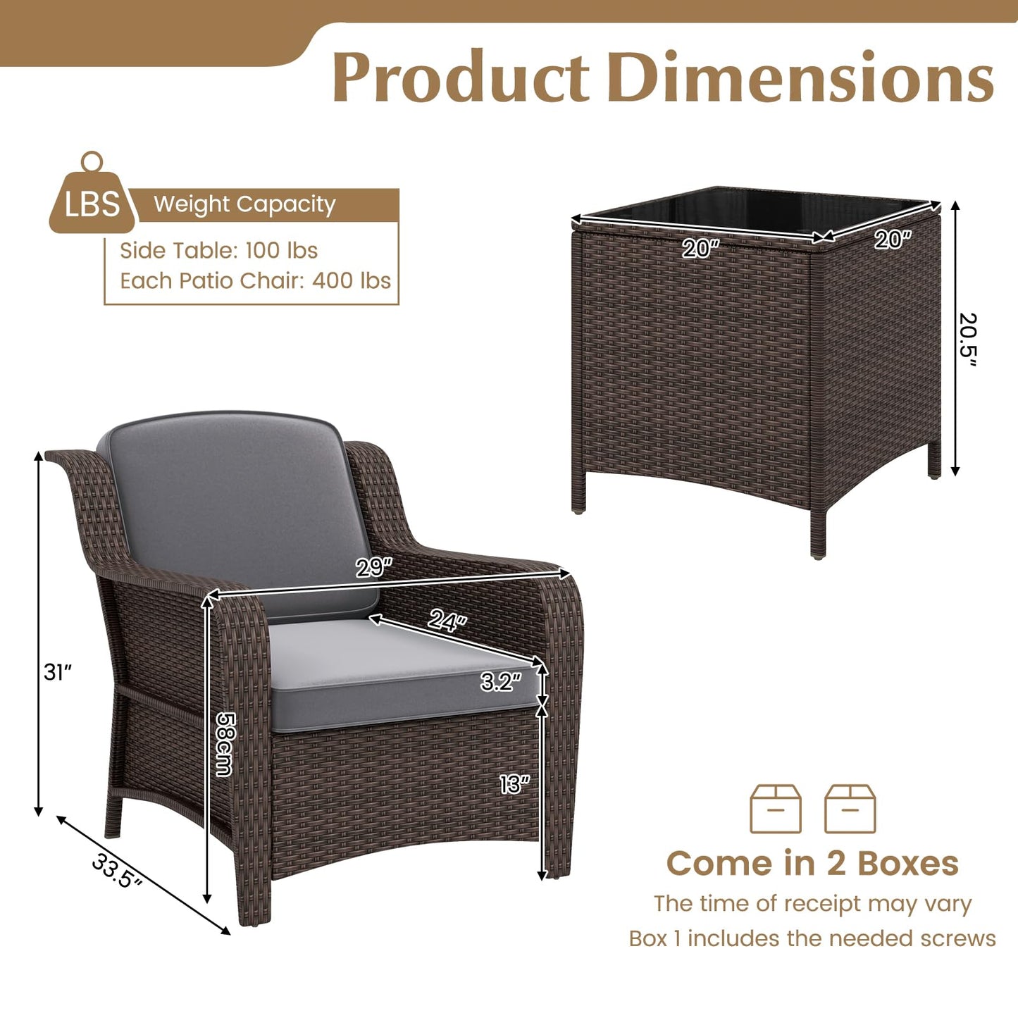 Tangkula 3 Pieces Outdoor Patio Furniture Set, Patiojoy PE Rattan Wicker Chairs with Cushions and Tempered Glass Coffee Table, Outdoor Wicker Conversation Bistro Set for Porch, Balcony, Garden (Gray)