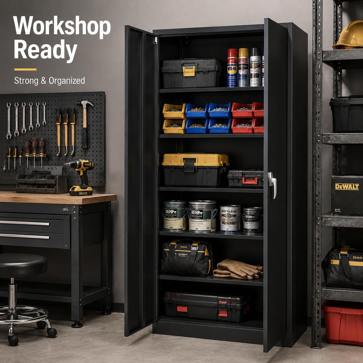 PeakPursuit 71 Inch Metal Storage Cabinet, Locking Steel Cabinet with 4 Adjustable Shelves & Leveling Feet, Heavy Duty Garage Storage Cabinet for Pantry, Office, Home, Laundry Room, Black