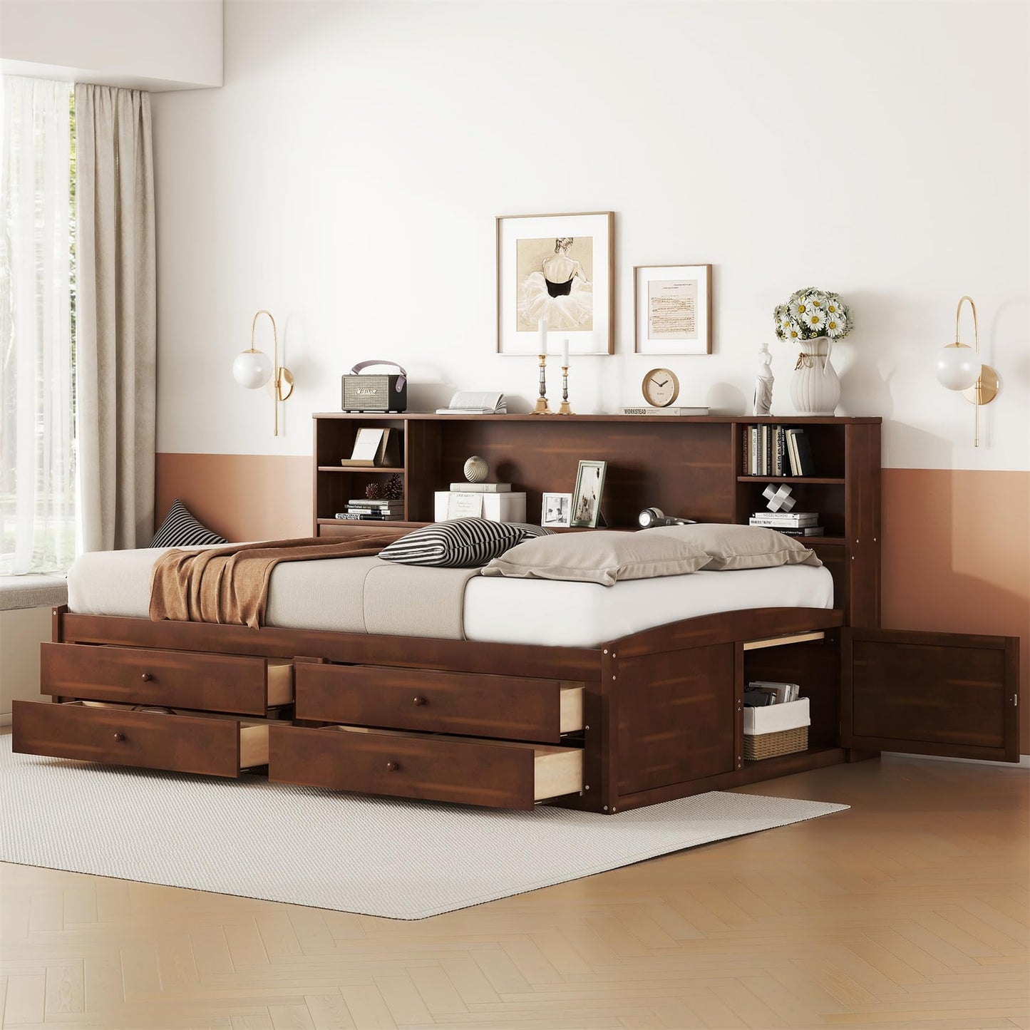 Merax Wooden Captain Bed Frame with Storage,Full Size Platform Bed with Built-in Storage Shelves,4 Drawers and 2 Cabinets,Full Size Daybed for Living Room