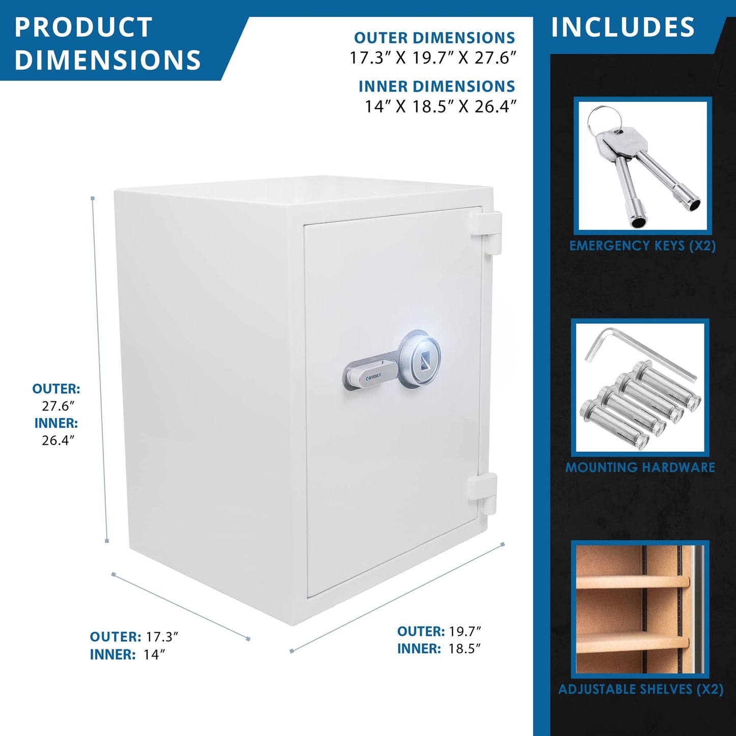 Barska 4.48 Cu. Ft. Biometric Fireproof Safe – White Fingerprint Security Safe 100-User Memory, Fire Rating 30 Min @ 1200°F, Steel Locking Bolts, Key Hooks & Carpeted Interior Fire Safe Jewelry