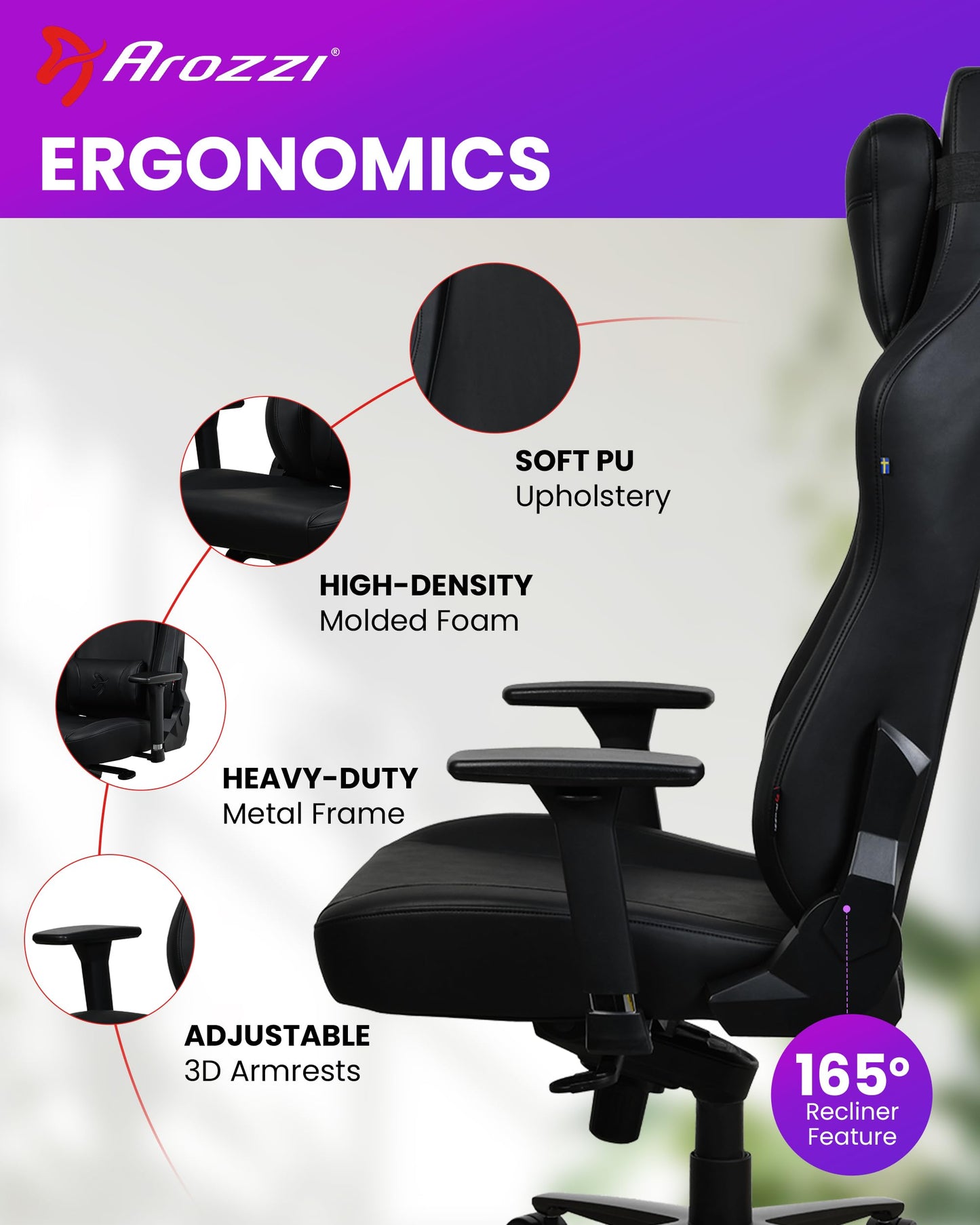 Arozzi Vernazza XL Soft PU Ergonomic Computer Gaming/Office Chair with High Backrest, Recliner, Swivel, Tilt, Rocker, Adjustable Height and Adjustable Lumbar and Neck Support - Pure Black