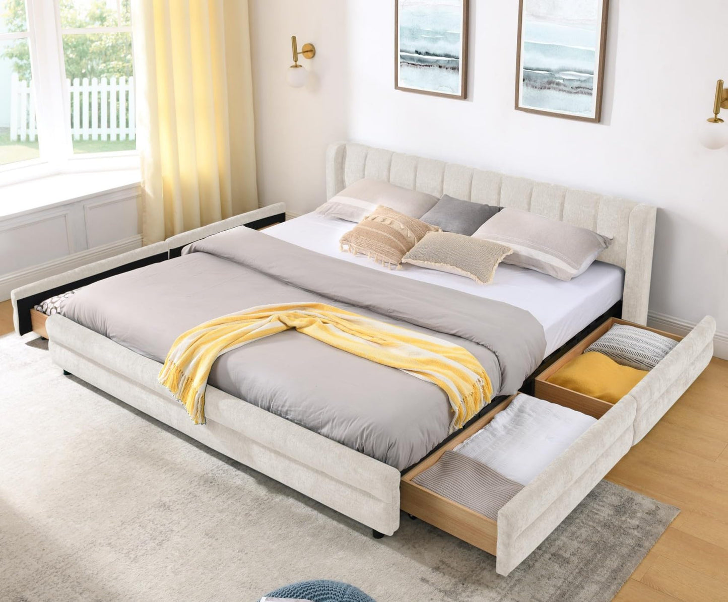 KEIKI Thick Chenille King Bed Frame with 4 Storage Drawer & Upholstered Tufted Cushioned Headboard, Modern Solid Wood Floor Platform Cloud Bed Frame for Bedroom, No Box Spring Needed, Beige
