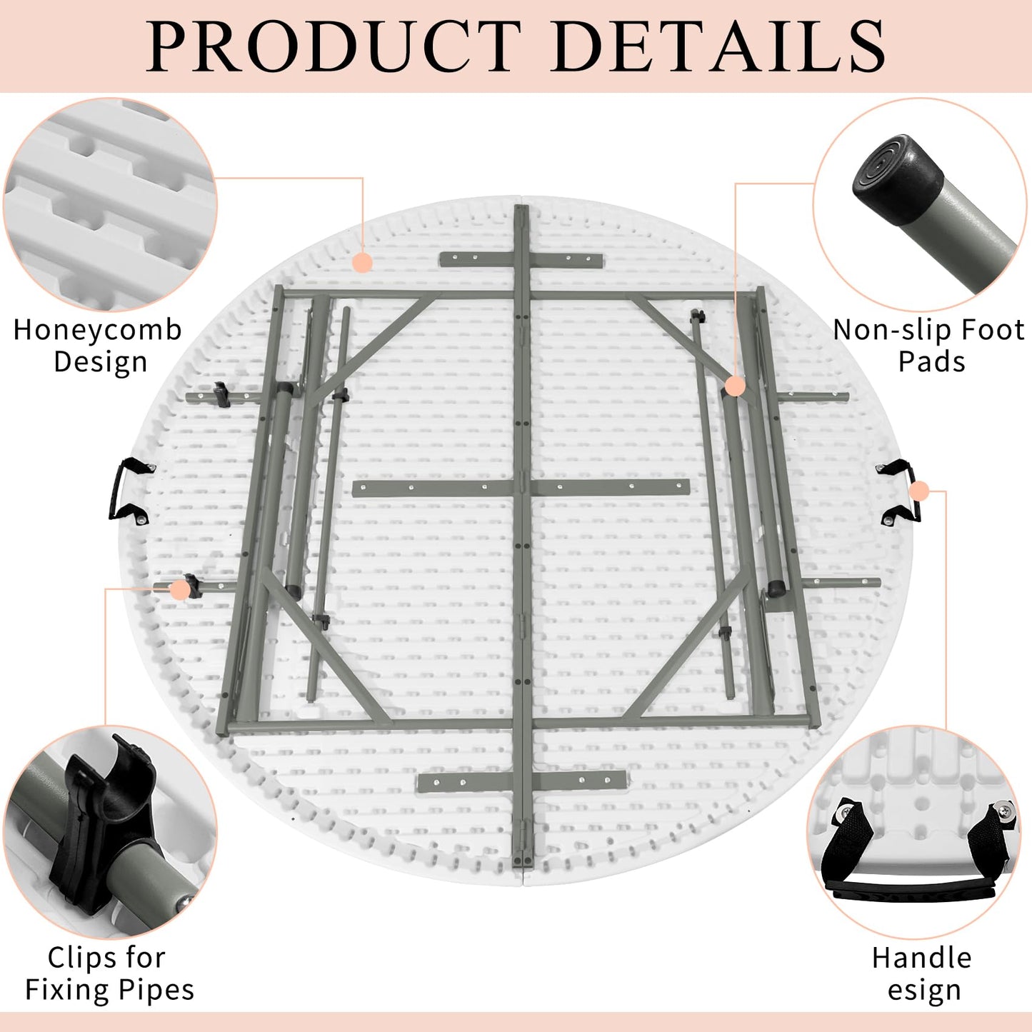 JALANCY 5 FT Round Folding Tables with Carrying Handle 60 inch Heavy Duty Portable Plastic Commercial Table Steel Legs for Party, Dining, Wedding, Events, Picnic Indoor, Outdoor (White,1 Pack)