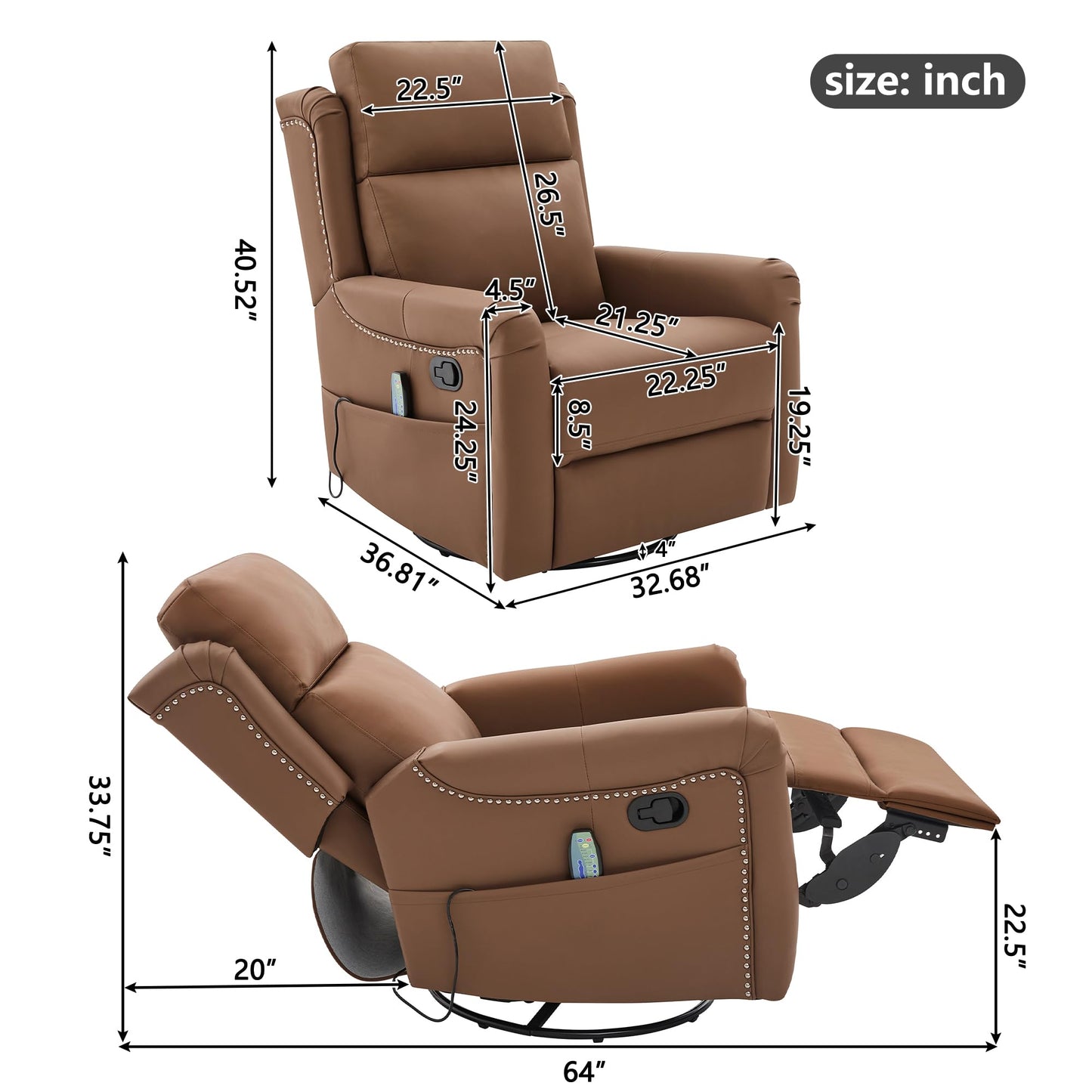 Merax Modern Manual Recliner Chair with Massage & Heat, 270° Swivel Rocking Chair, PU Leather Upholstered Home Theater Recliner with Storage Pocket, Adjustable Backrest for Living Room, Brown