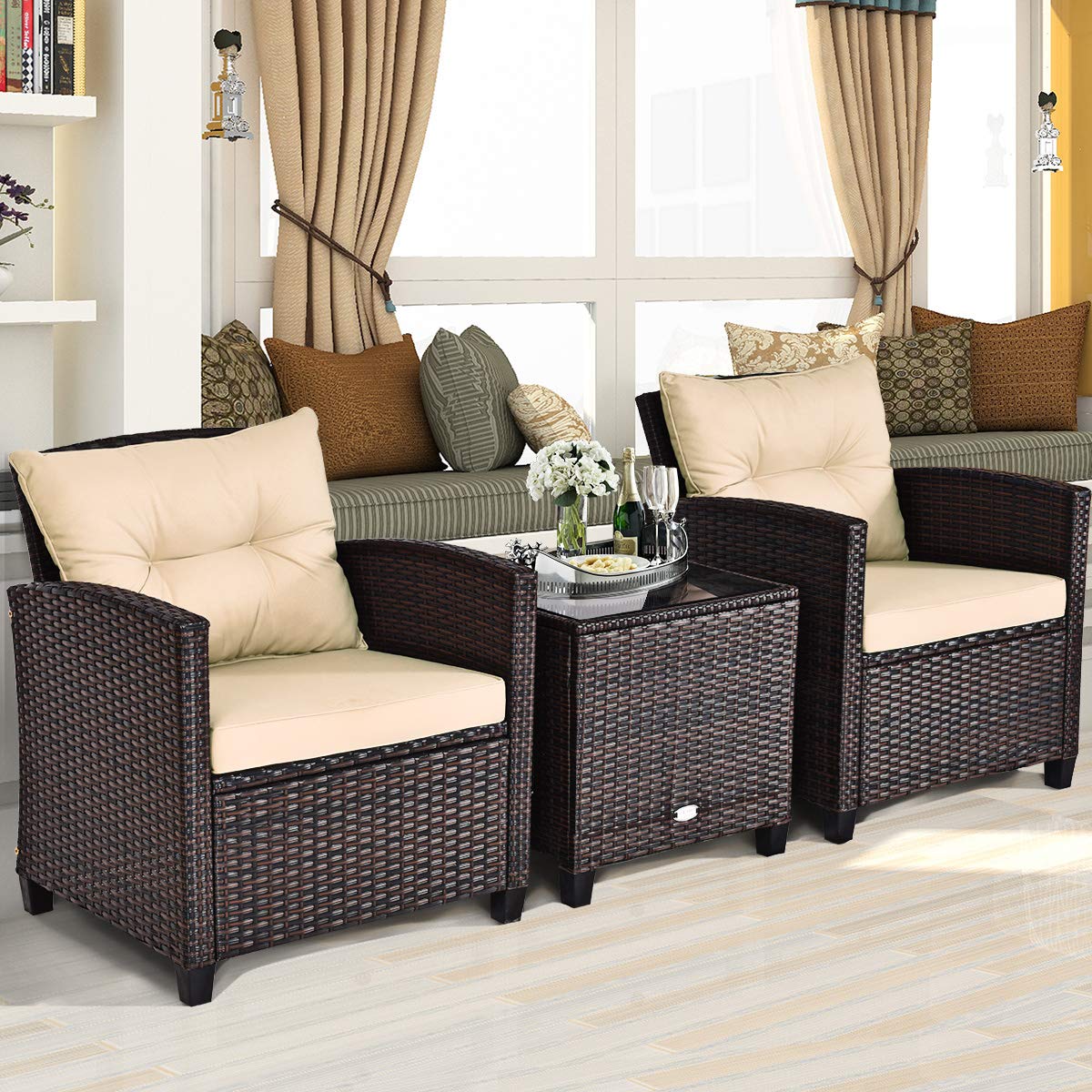COSTWAY 3PCS Patio Furniture Set, PE Rattan Wicker Sofa w/Washable Cushion and Coffee Table, Tempered Glass Tabletop, Outdoor Conversation Set for Balcony, Porch, Yard, Backyard, Lawn, Beige