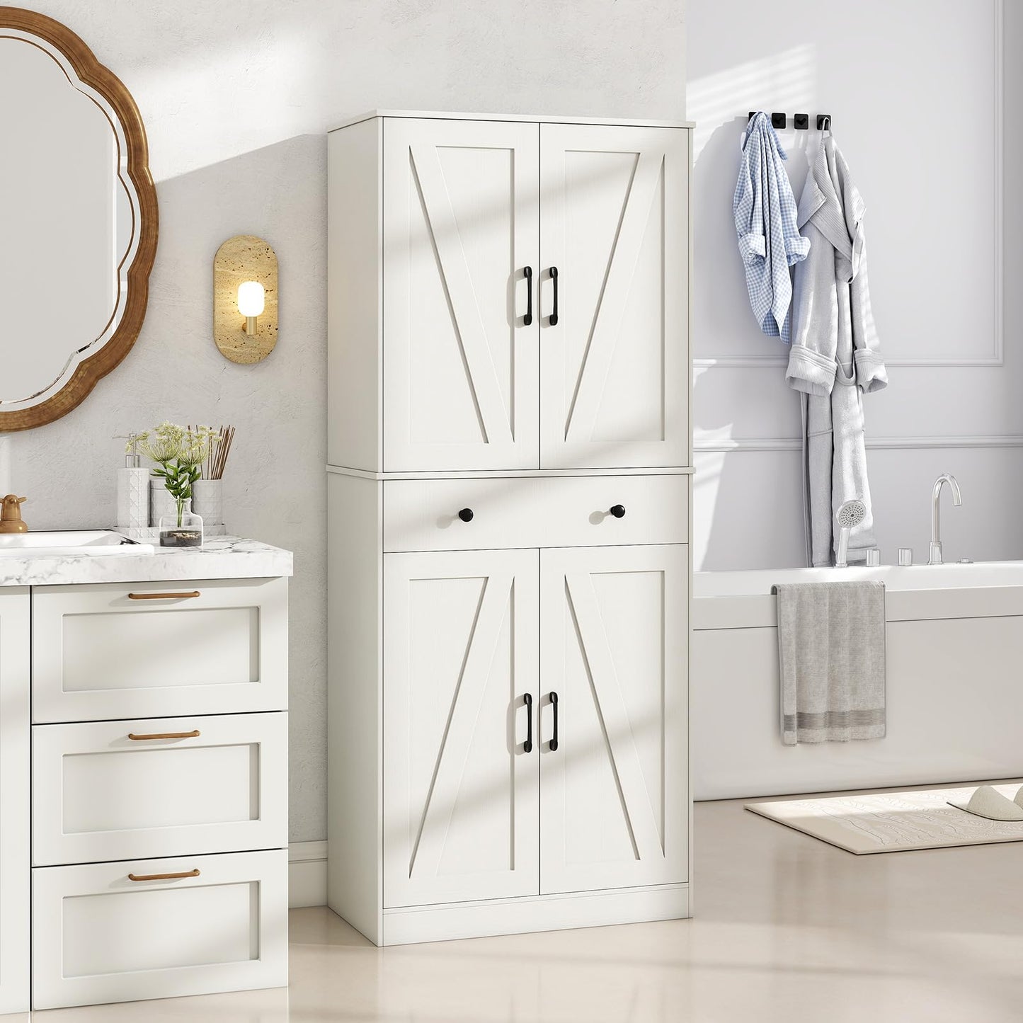 Giantex 72" Tall Kitchen Pantry Cabinet, Modern Farmhouse Pantry Storage Cabinet with 4 Barn Doors, Adjustable Shelves & Drawer, Buffet Cupboard with Living Room, Dining Room, Bathroom, White