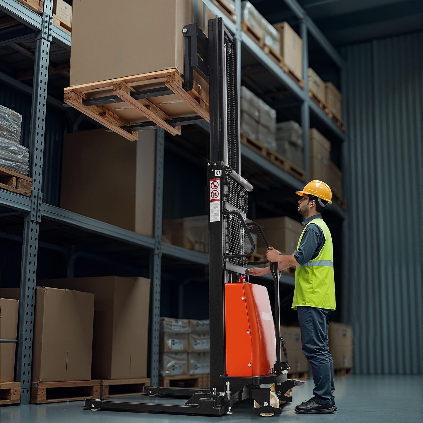 VEVOR Semi Electric Pallet Stacker, 3300 lbs Capacity, 98.42'' Lifting Height, Pallet Lift Stacker Forklift with Straddle Legs & Forks, 8.66-31.1 Inches Adjustable Fork Width, Orange & Black