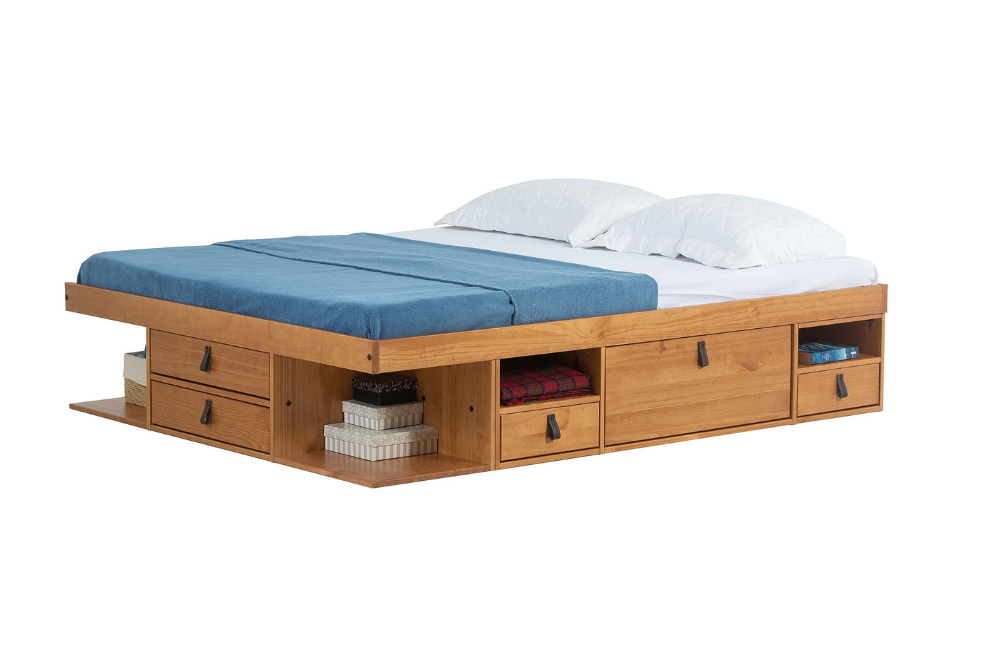 memomad Bali Full Size Storage Platform Bed with 6 Drawers, 6 Shelves, 2 Door Cabinets, 2 Pullout Nightstands, Solid Pine Wood Bed Frame with Underbed Storage, No Box Spring Needed, Oak Brown