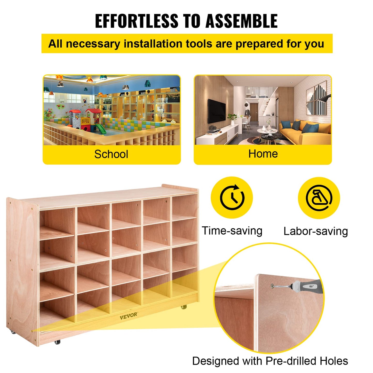 VEVOR Cubby Mobile Tray Storage Cabinet, 20-Compartment Cubby Storage Shelf, Cubby Storage Cabinet 4 x 5, Classroom Cubbies, Classroom Furniture for Home, Daycare and Preschool, Natural