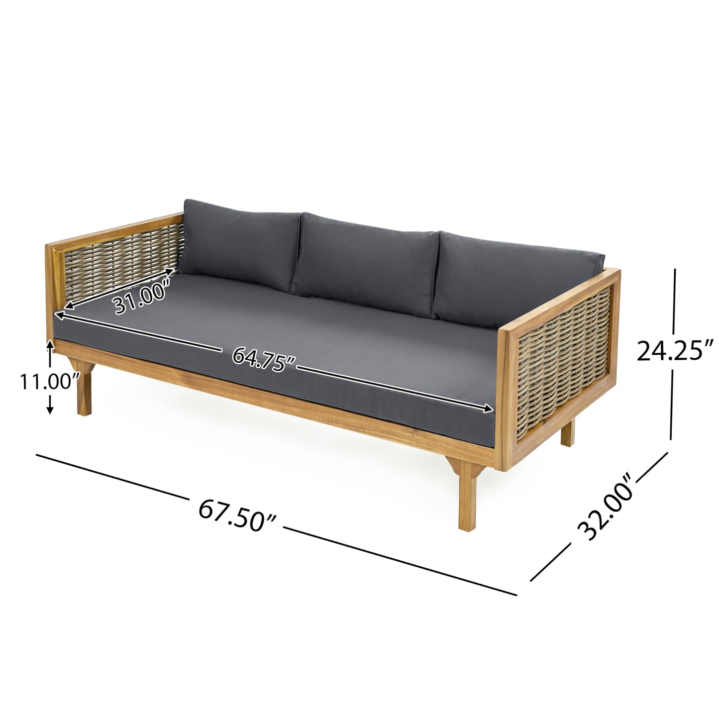 Christopher Knight Home Claremont Patio Sofa and Coffee Table Set, 2 Piece Wicker Patio Furniture Set, Acacia Wood 3 Seater Outdoor Sofa Daybed and Coffee Table Set, Teak+Dark Grey