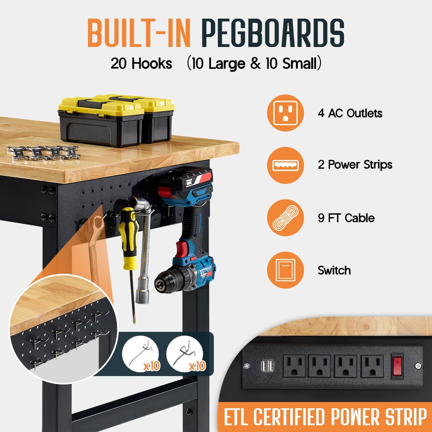 SPECRAFT 84" Adjustable Heavy Duty Workbench with 4 AC Outlet and 2 USB Ports Power Outlets, 6000 Lbs Capacity, Rubber Wood Top for Garage, Workshop, Office