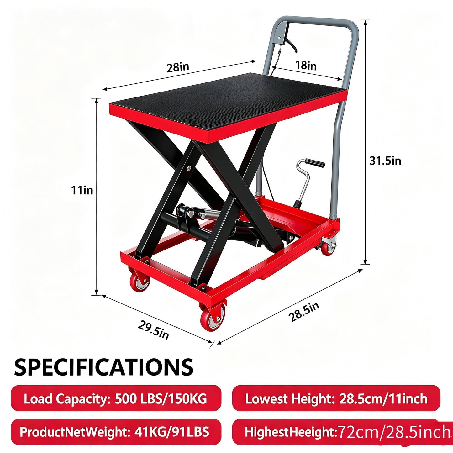 Hydraulic Scissor Lift Table Cart,Manual Single Scissor Lift Table,1100 Lb Capacity, 35.4" Lifting Height, Manual Single Scissor Lift with 4 Heavy-Duty Wheels & Non-Slip Pad, Mobile Material Handling