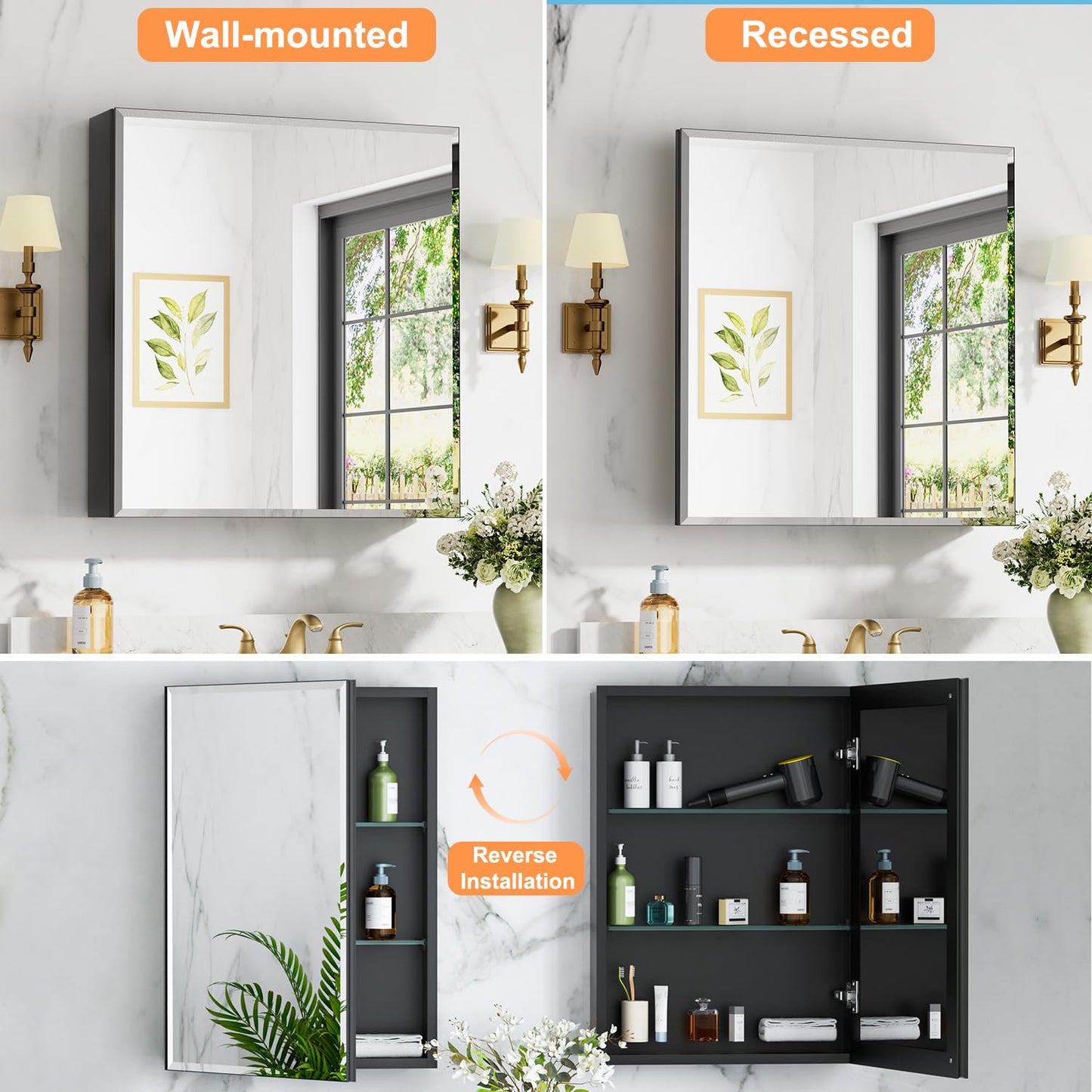 Keazile 28 x 30 Inch Large Medicine Cabinet with Mirror, Black Aluminum Bathroom Cabinet with Storage, Oversized Single Door Tempered Beveled Glass, Recessed or Surface Mount, Adjustable Shelves