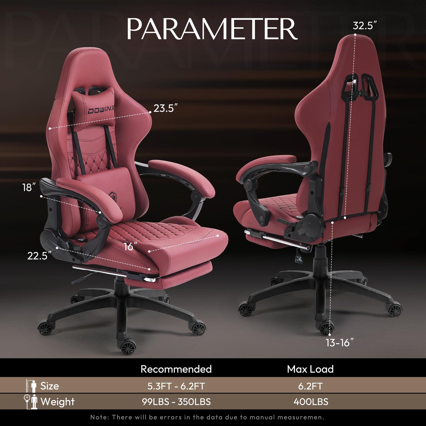 Dowinx Gaming Chair Big and Tall, Ergonomic PC Gaming Chair with Footrest & Massage, Racing Style Reclining Computer Chair for Adults, 400LBS Capacity - Heavy Duty Gamer Chair (Red)