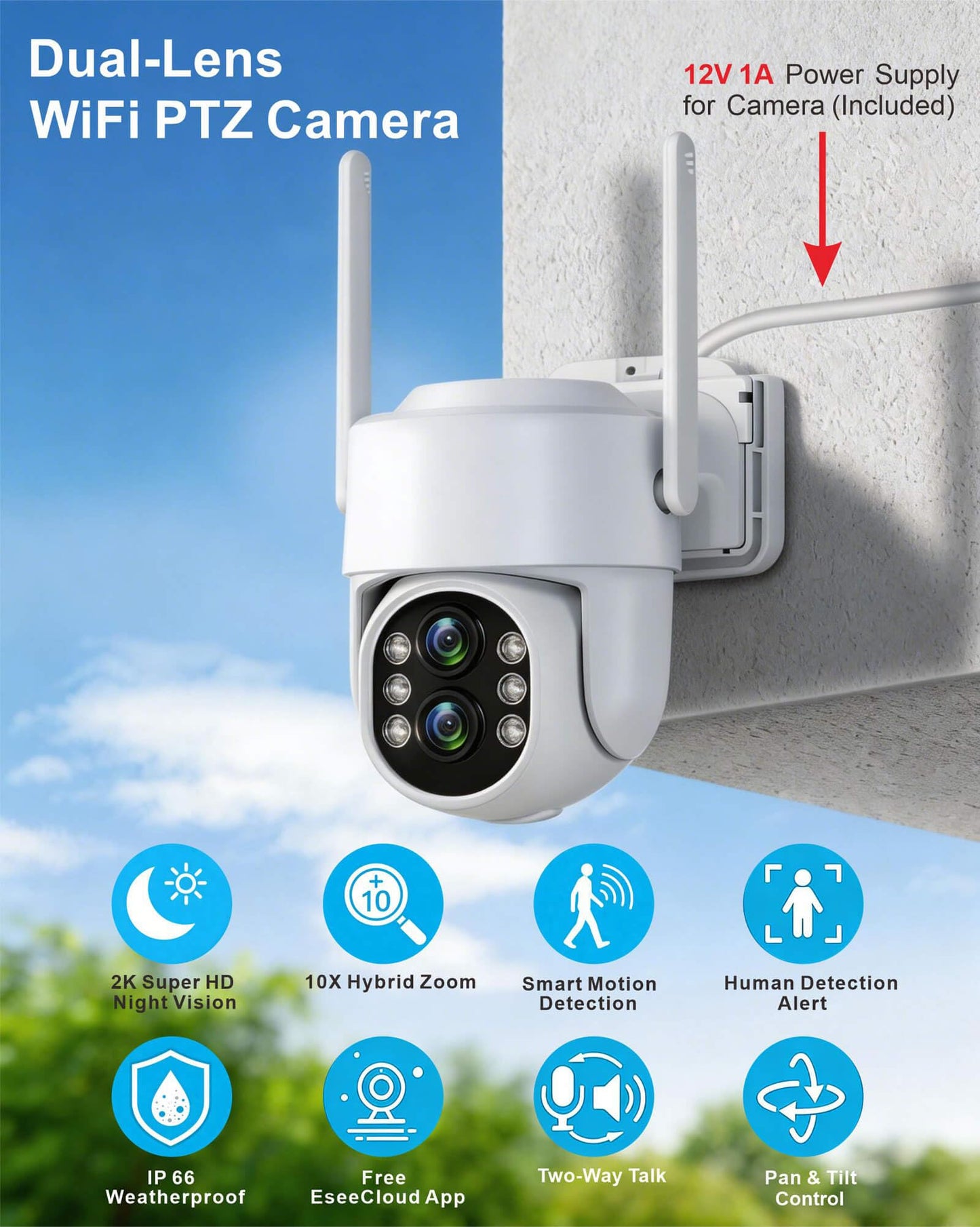 PTZ Security Camera System Outdoor with 10" HD Monitor, Pre-Installed 1TB HDD for 24/7 Recording No Monthly Fee, 4X 2K Dual-Lens Cameras with 10X Zoom, 10CH Expandable WiFi NVR, 2.4G/5G