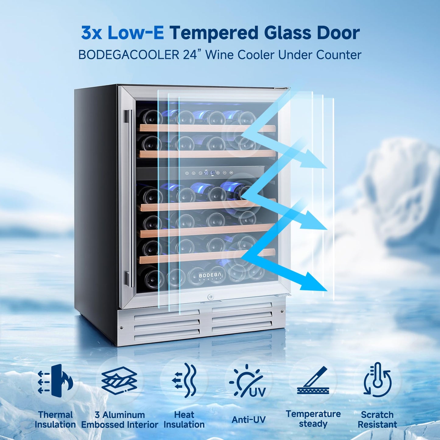 BODEGA COOLER 24 Inch Wine Cooler, 46 Bottle Wine Fridge Free standing, 41-72°F Wine Refrigerator Glass Door, Blue LED Wine Fridge, Built-in or Freestanding Fridge for Home/Bar/Kitchen (5.3 cu.ft)