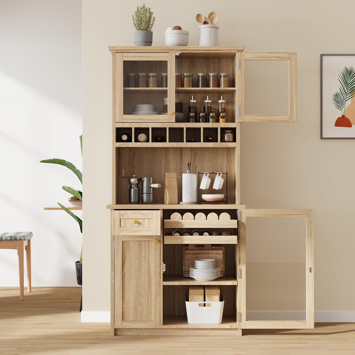 Merax 35.4"x17.7"x74.8" Farmhouse Freestanding Buffet with Hutch, Kitchen Pantry Storage Cabinet with Wine Rack and Adjustable Shelves for Dining Room, Natural