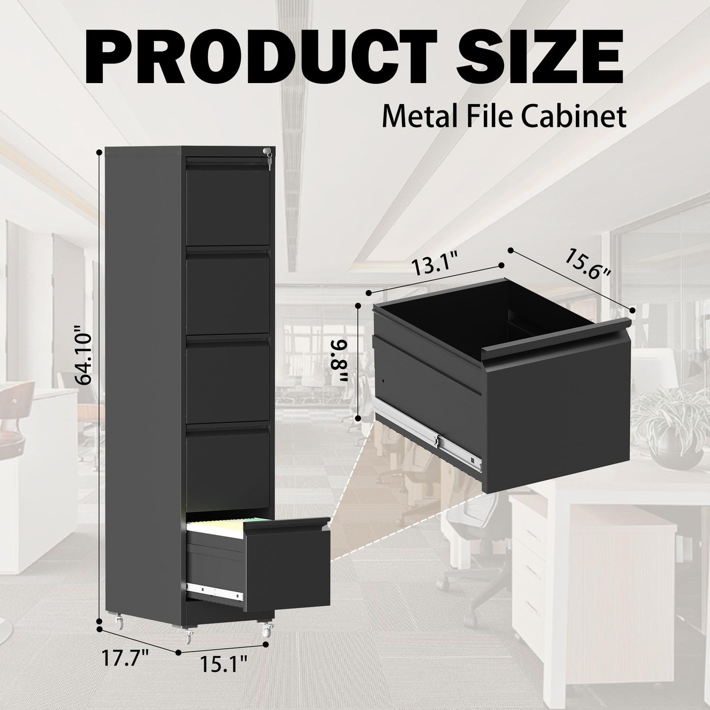 FOSTOKO 5 Drawers Filing Cabient with Wheel, File Cabinet with Lock, Steel Vertical Filing Storage Cabinet for Office, Heavy-Duty File Cabinets for Letters/Legal/A4 (Require Assembly, Black)