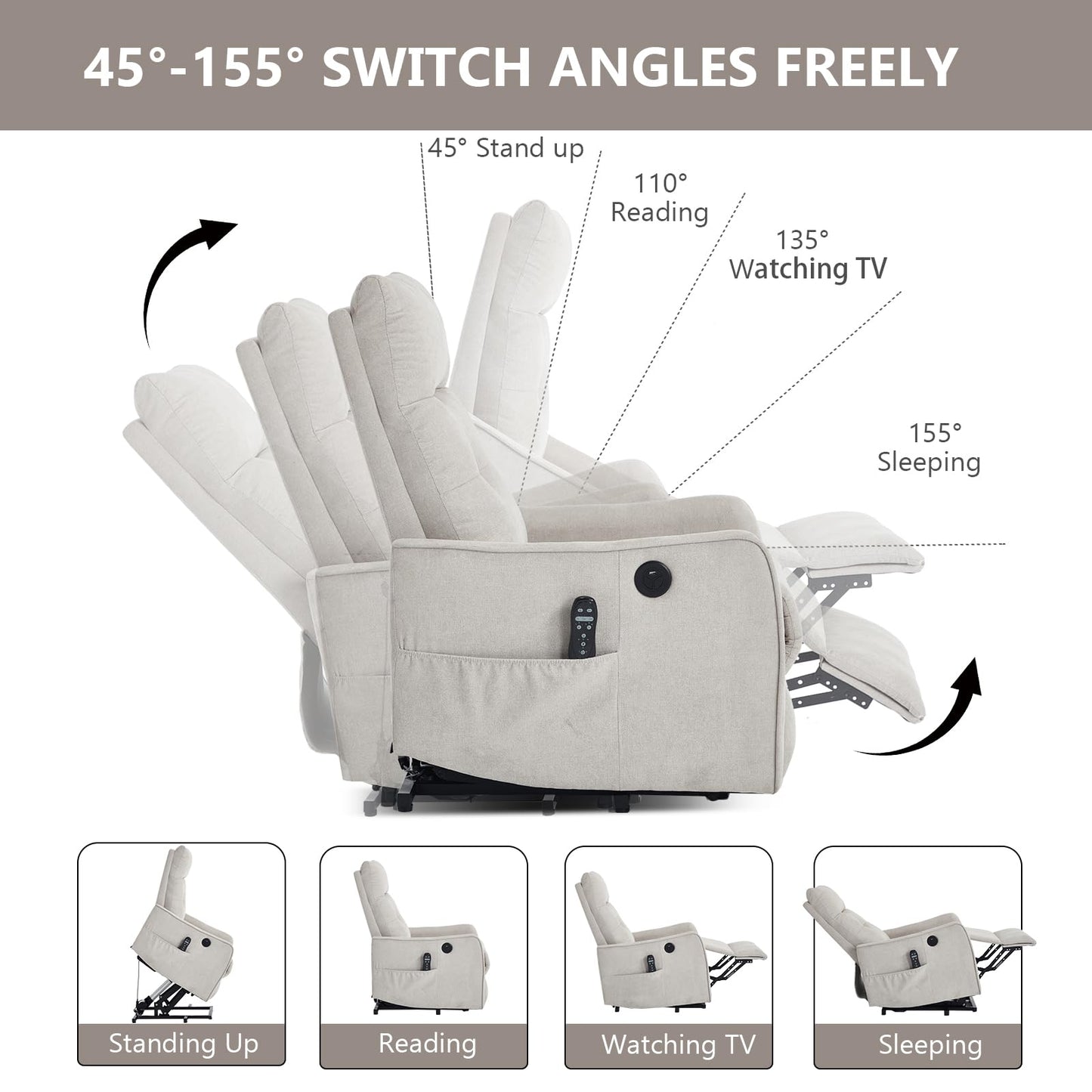KEIKI Single Motor Power Lift Recliner Chair with Massage and Heat for Home Theater, Soft Fabric Finish with USB Charging Port and Motion Mechanism for Elderly