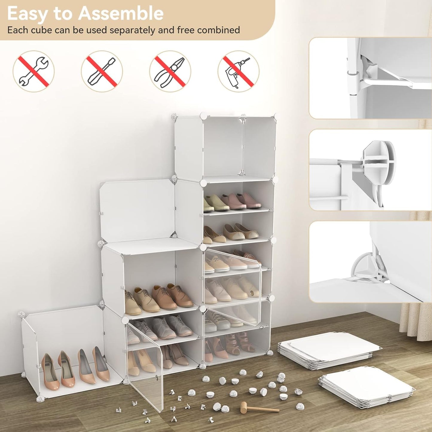 WEXCISE Portable Shoe Rack Organizer with Door, 96 Pairs Shoe Storage Cabinet Easy Assembly, Plastic Adjustable Shoe Storage Organizer Stackable Detachable Free Standing DIY Expandable 12 Tier White