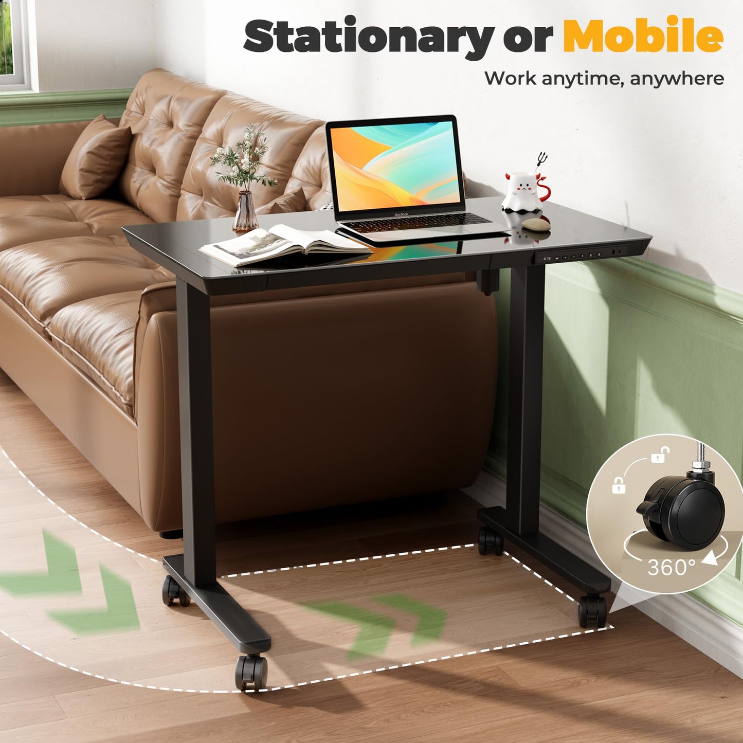 JYLH JOYSEEKER Glass Electric Standing Desk with Drawer, 35" x 20" Whole Piece Tabletop Samll Sit Stand Table, Height Adjustable Workstation with Storage & USB Ports, Quick Install Home Office Desk