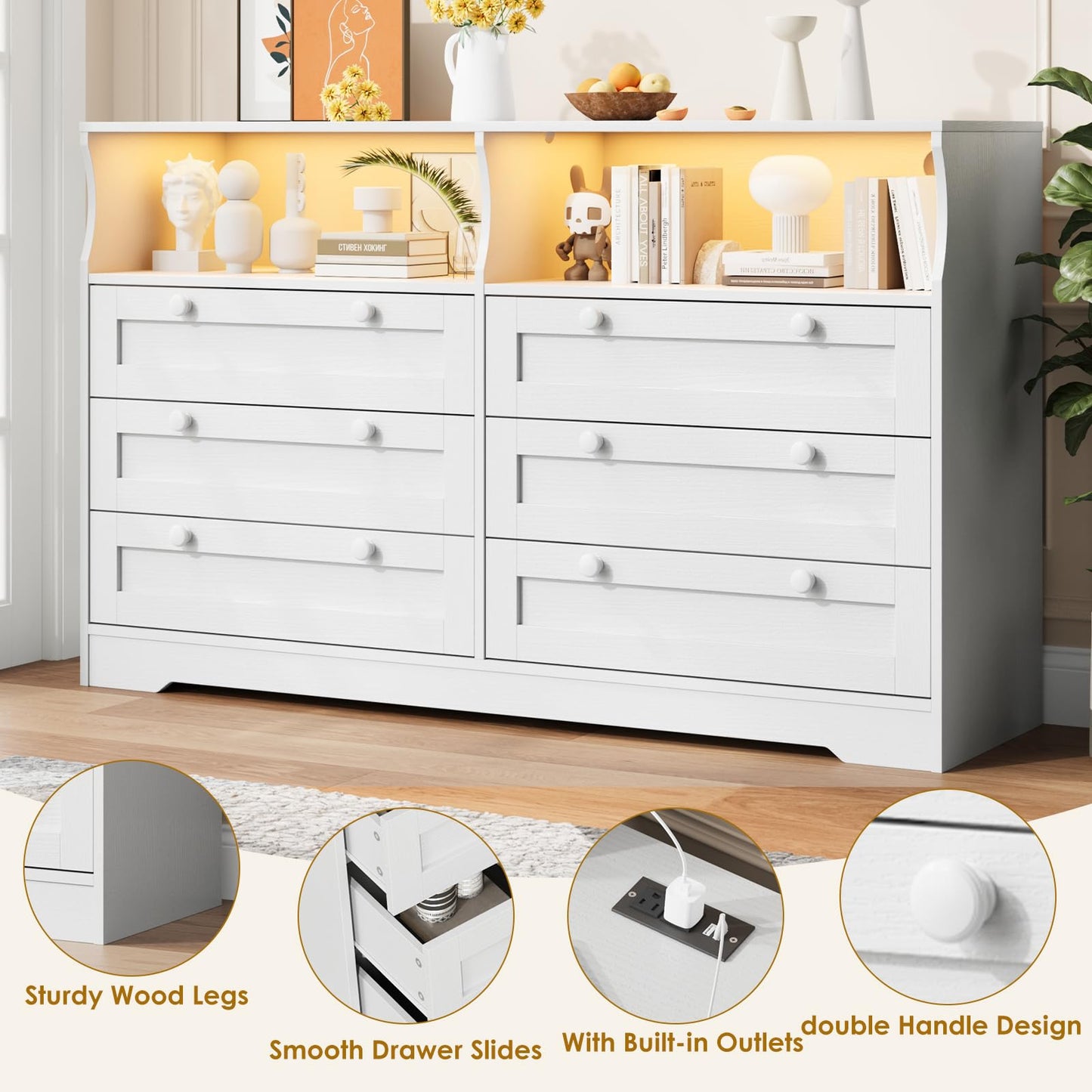 IDEALHOUSE 55" 6-Drawer Dresser for Bedroom – Wood Chest with Charging Station, LED Lights & 2 Storage Compartments, Modern TV Stand for Living Room & Hallway, White