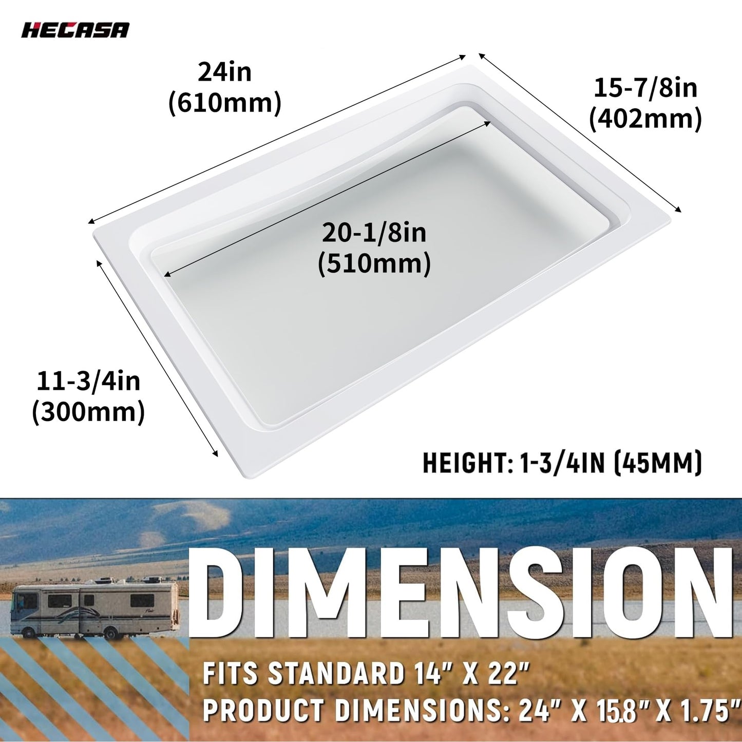 HECASA RV Skylight Inner Dome Replacement Cover - 14in x 22in - Clear Plastic - Model MO-1428