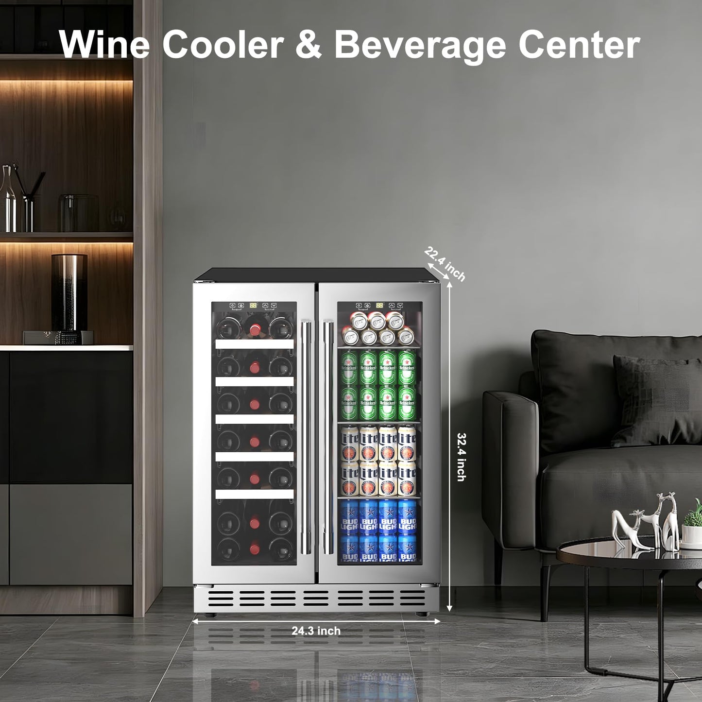 Rockitch 24" W Dual Zone Wine and Beverage Refrigerator, Built-in or Freestanding Wine Beverage Cooler with Stainless Steel Glass Door, 20 Bottles and 63 Cans Under Counter Fridge for Home Bar Office