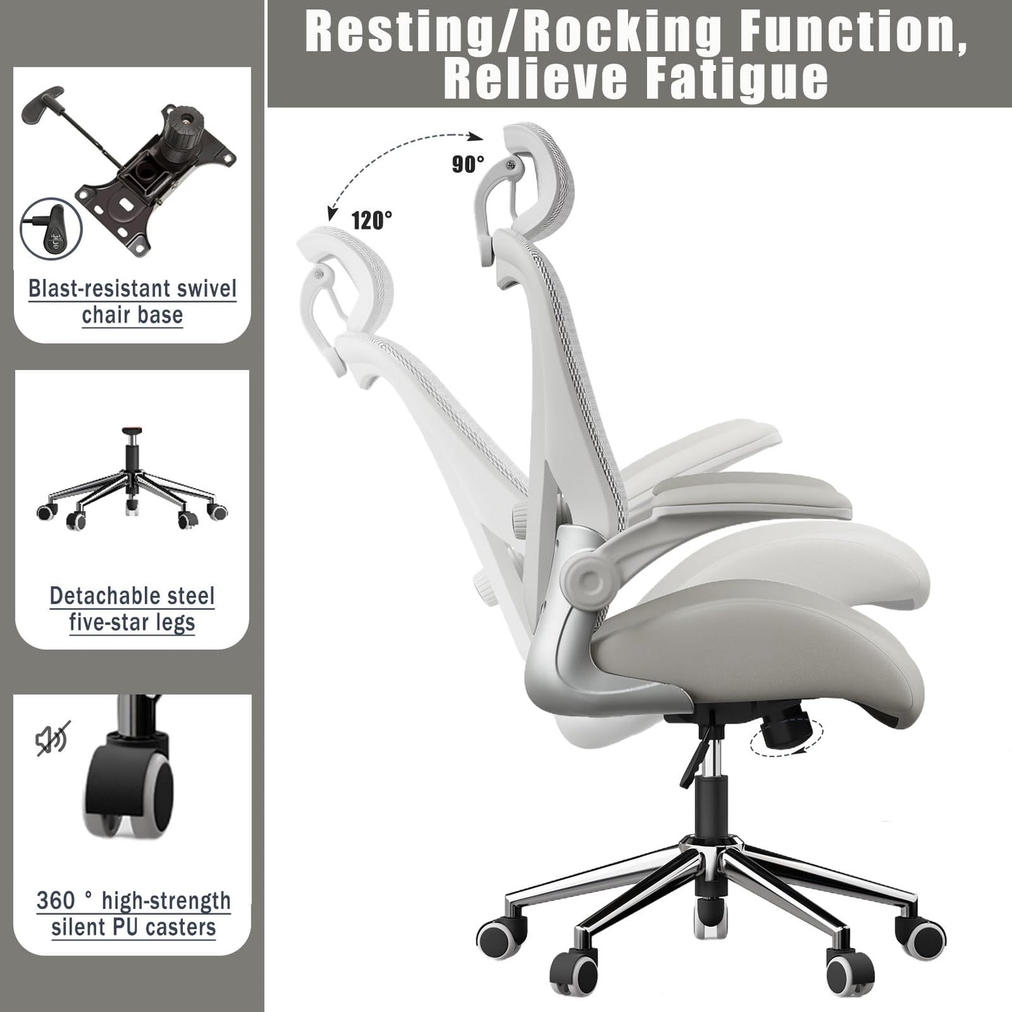VOTRENIX Grey Ergonomic Home Office Desk Chair, Premium Thickened Leather Curved seat with Breathable mesh Back, 3D headrest and Adjustable Lumbar Support, Ideal Chair for Office or Gaming, Gray