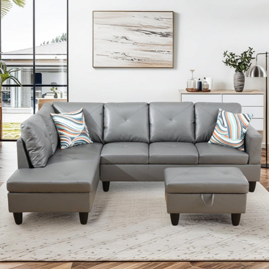 Trygoal 97" Leather L Shaped Couch with Left Chaise & Cup Holder, Sectional Sofas Modular Furniture Set with Storage Ottoman, Convertible Couches for Living Room, Small Space & Office (Grey)