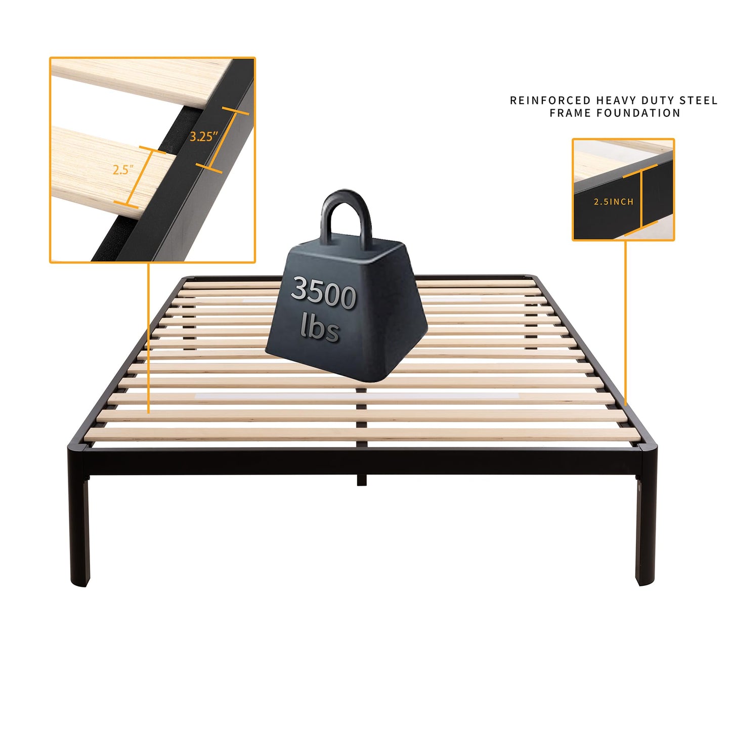 MAF Metal 18 Inch Queen Platform Bed Frame with Anti-Collision Round Legs, Black 3500 Lbs Heavy Duty Bed Frame with Wood Slats, No Box Spring Needed, Easy Assembly