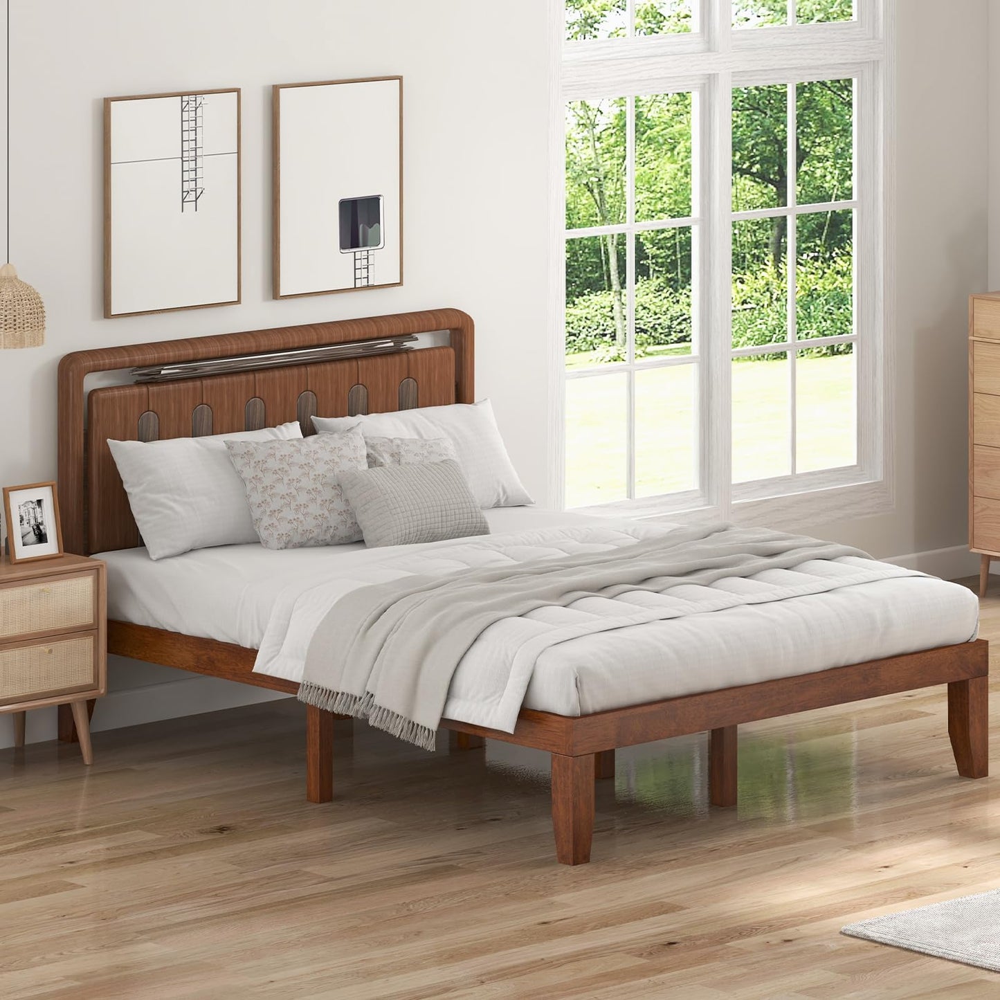 KOMFOTT 14 Inches Wood Platform Bed Frame Queen Size, Wooden Mattress Foundation with Rubber Wood Frame, Strong Wooden Slat Support, No Box Spring Needed, Bed Frame (Brown Cherry)