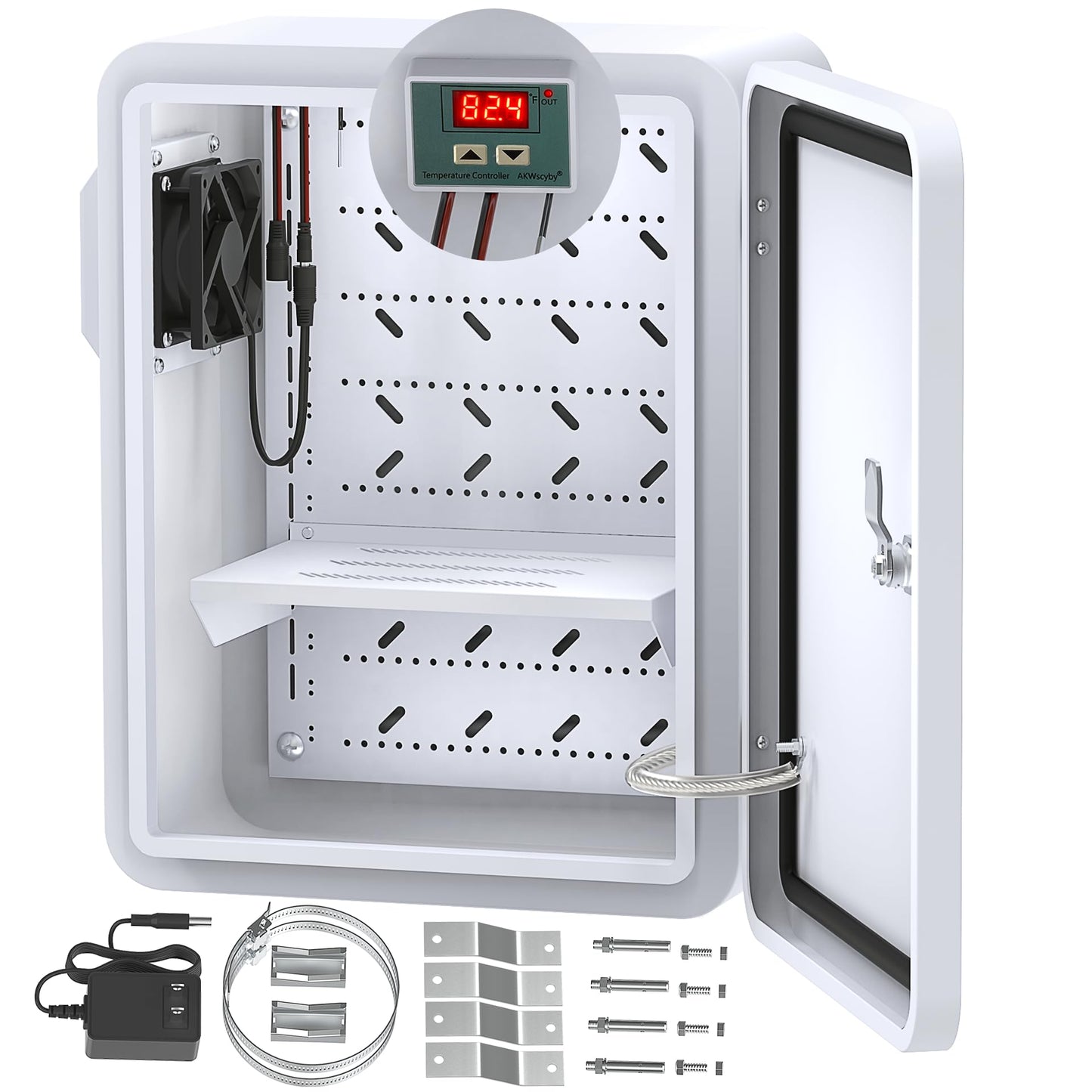 Akwscyby Outdoor Electrical Box with Thermostat and Fan, Precise Temperature Control 0.1°F, IP65 Water Resistant Rating, Galvanized Steel, Aluminum Rear Beam(17.7" x 13.8" x 7.9")