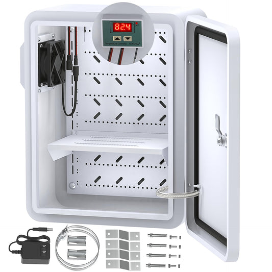 Akwscyby Outdoor Electrical Box with Thermostat and Fan, Precise Temperature Control 0.1°F, IP65 Water Resistant Rating, Galvanized Steel, Aluminum Rear Beam(17.7" x 13.8" x 7.9")