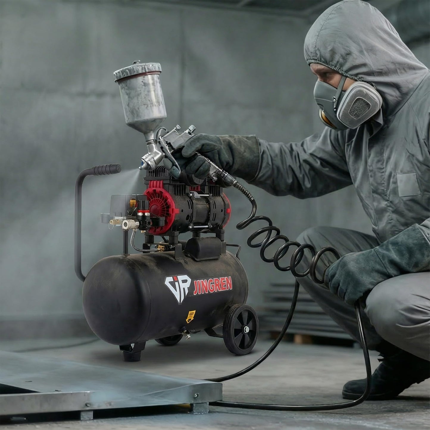 JIR JINGREN 8 Gallon Ultra Quiet Air Compressor, Steel Tank 2HP 4.2CFM, Max 120 PSI Oil-Free Air Compressor Tank, 68dB for Car Repair, Spray Painting, Woodwork Nailing（With Accessories Kit）